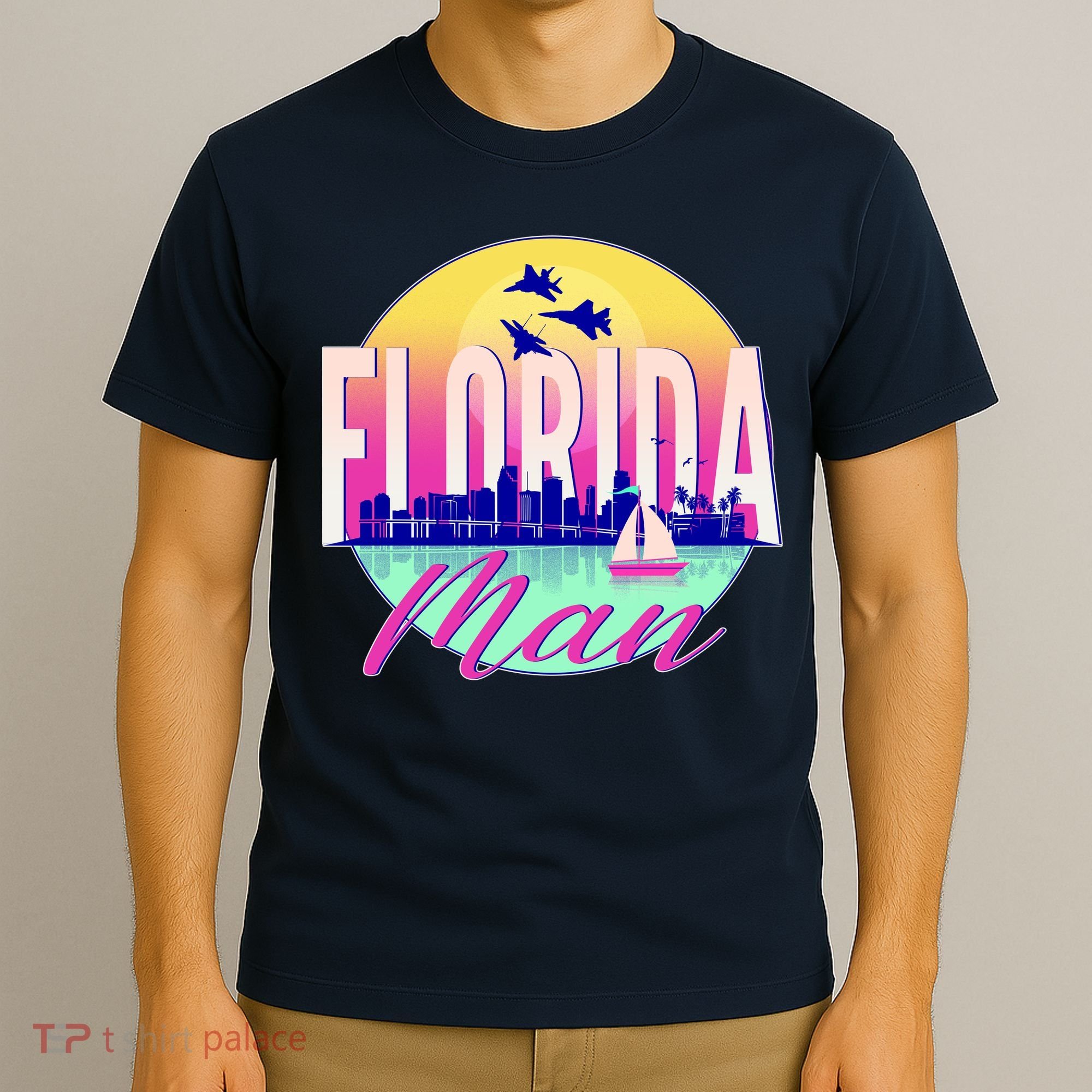 Retro Florida Man Miama Skyline with Fighter Jets T-Shirt