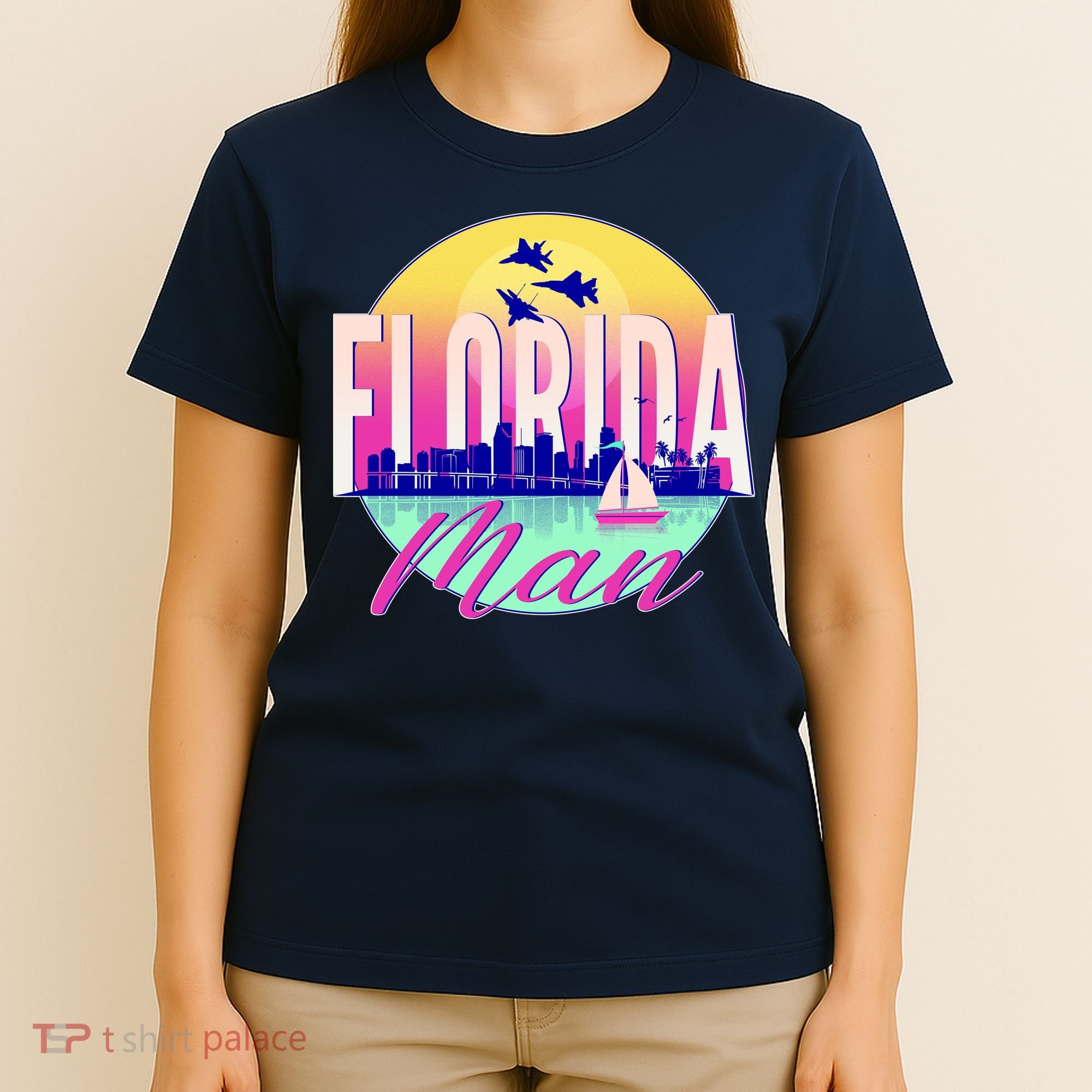 Retro Florida Man Miama Skyline with Fighter Jets T-Shirt