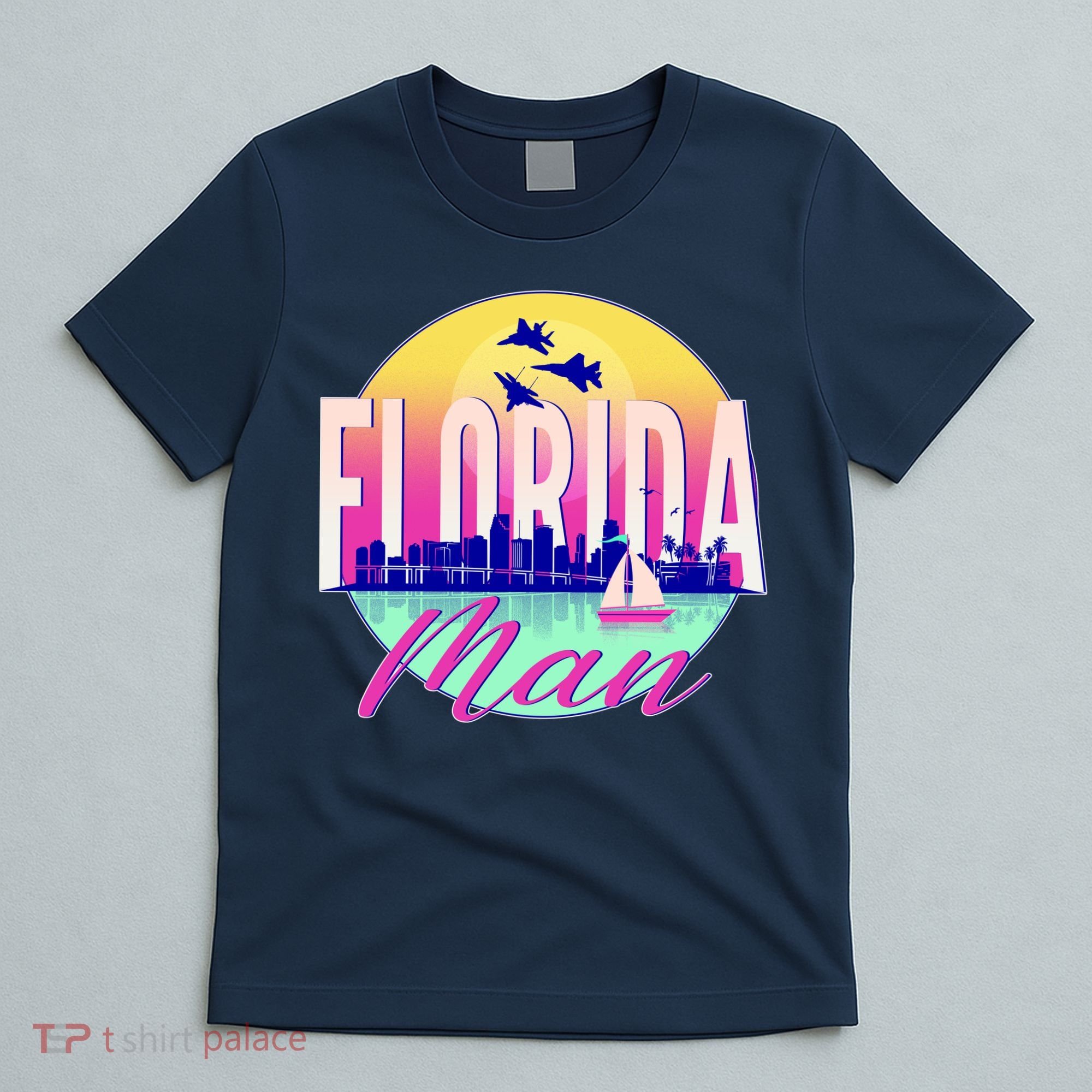 Retro Florida Man Miama Skyline with Fighter Jets T-Shirt