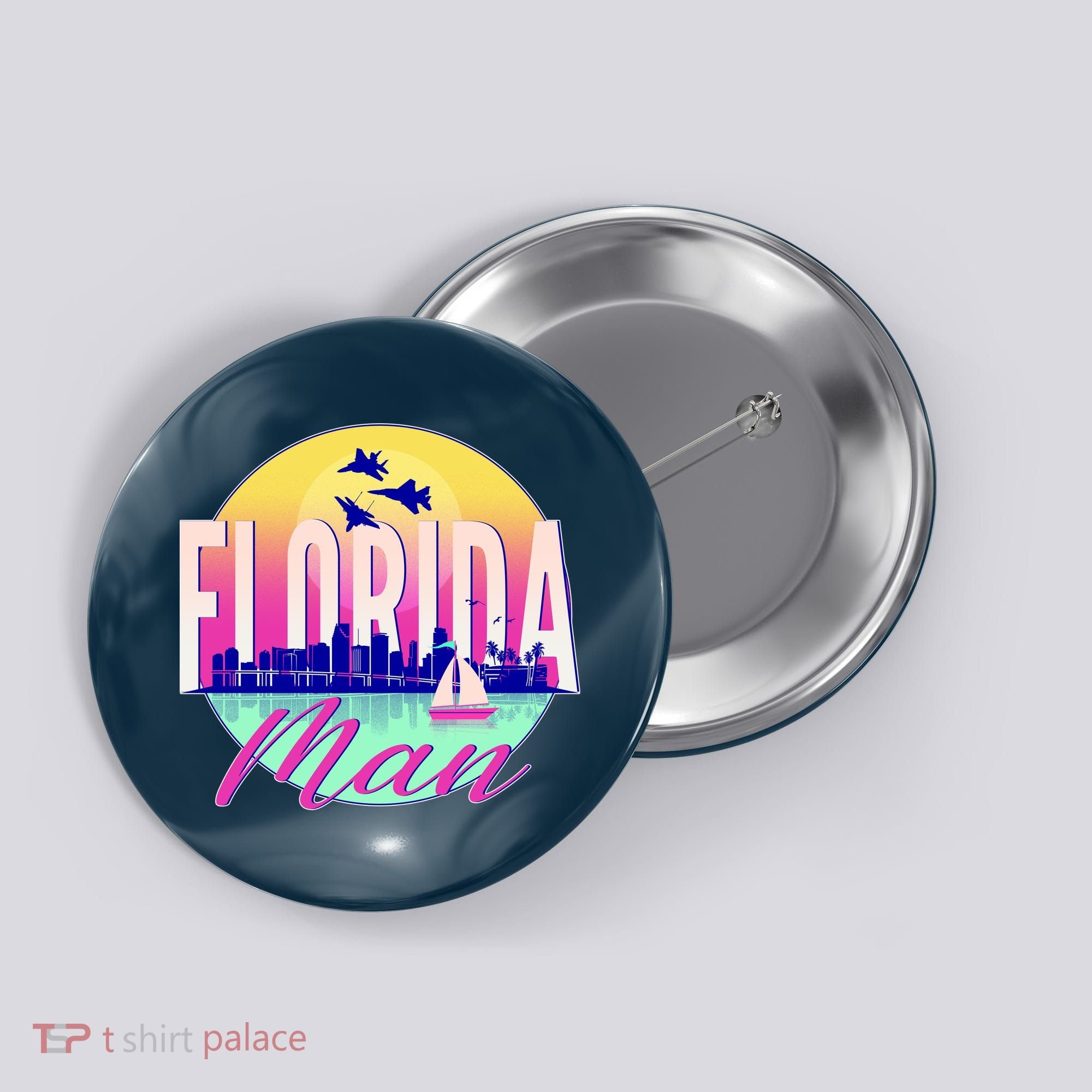 Retro Florida Man Miama Skyline with Fighter Jets Button