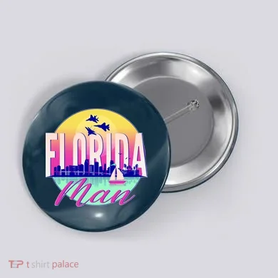 Retro Florida Man Miama Skyline with Fighter Jets Button