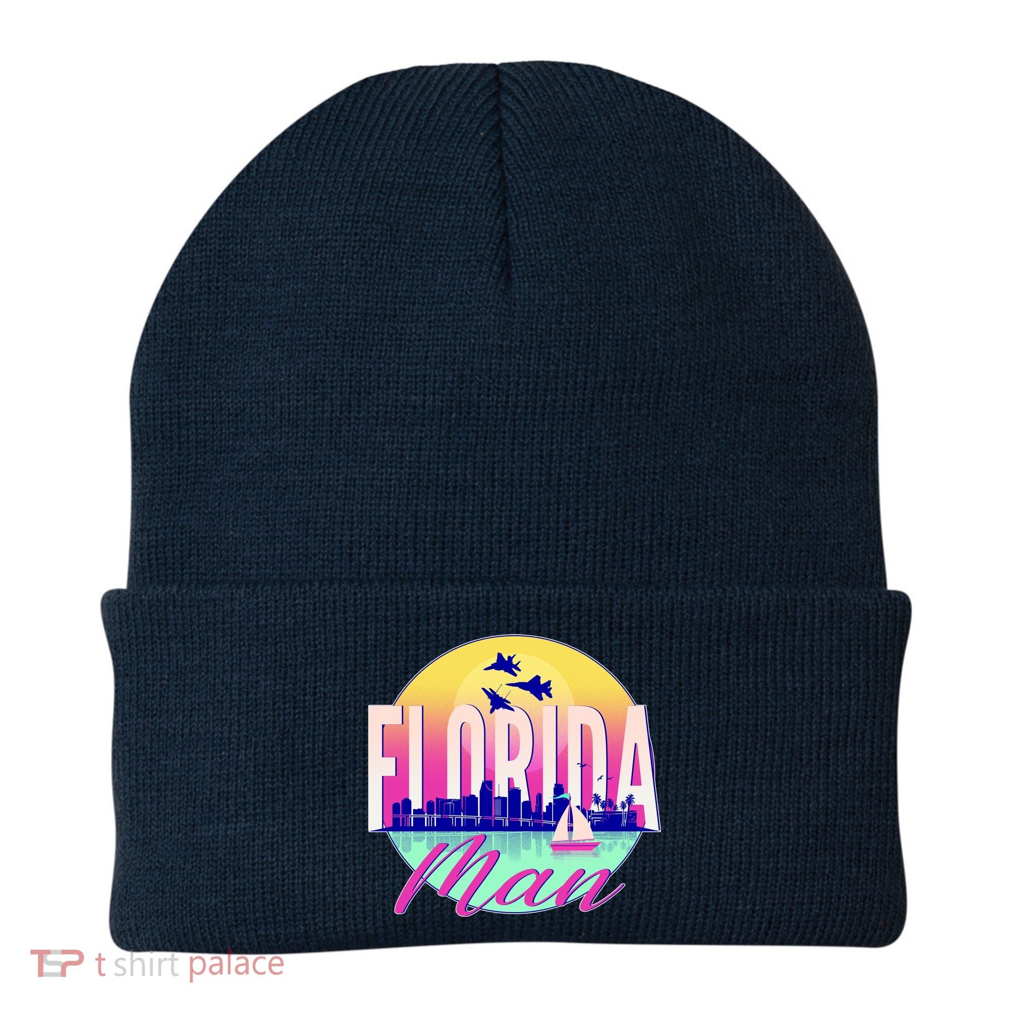Retro Florida Man Miama Skyline with Fighter Jets Beanie