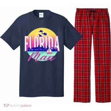 Retro Florida Man Miama Skyline with Fighter Jets Pajama Set