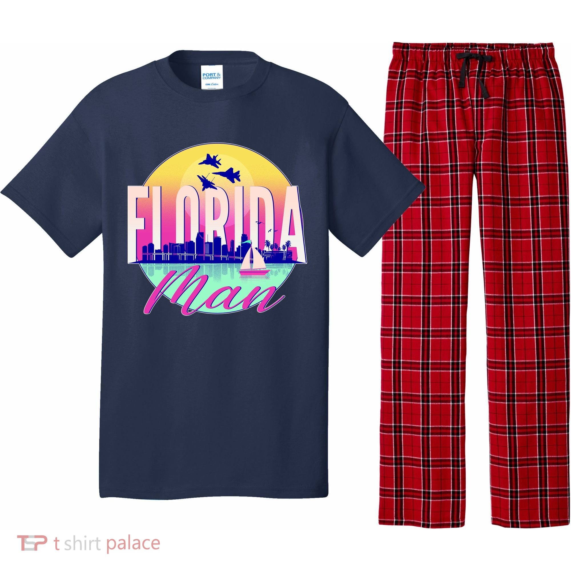 Retro Florida Man Miama Skyline with Fighter Jets Pajama Set