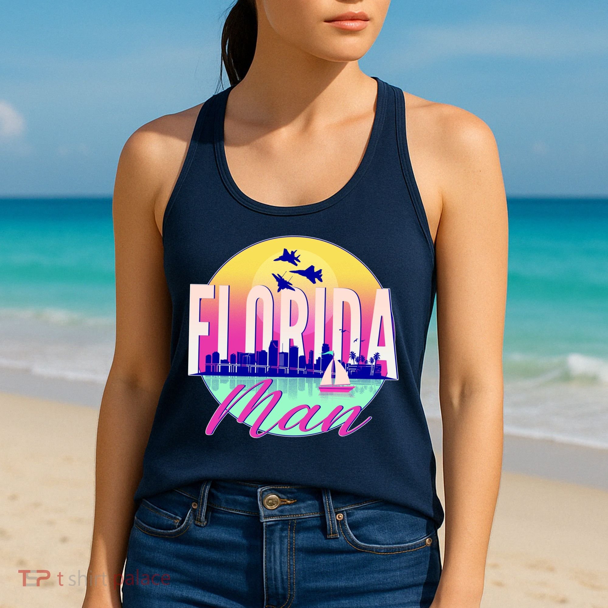 Retro Florida Man Miama Skyline with Fighter Jets Women's Tank Top