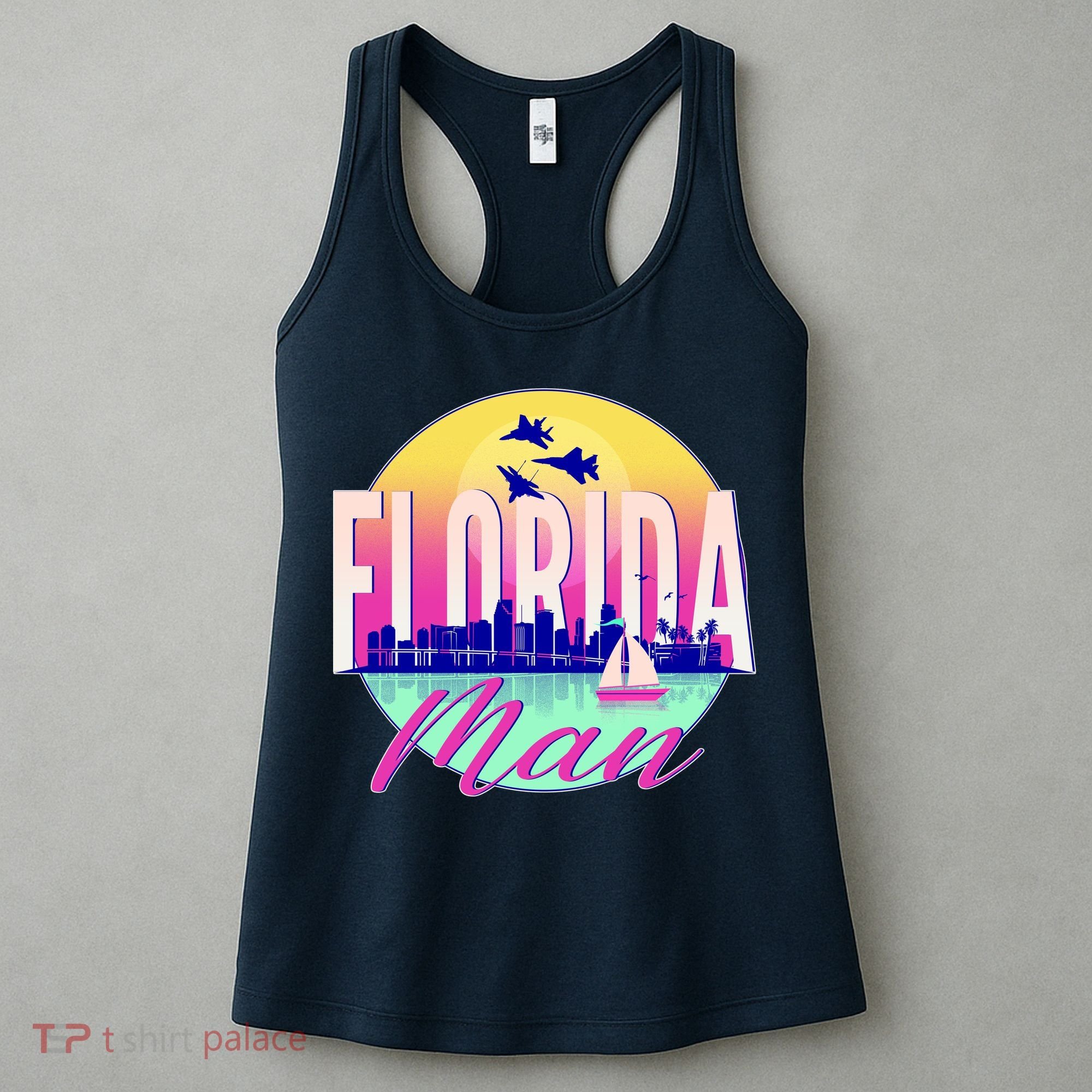 Retro Florida Man Miama Skyline with Fighter Jets Women's Tank Top