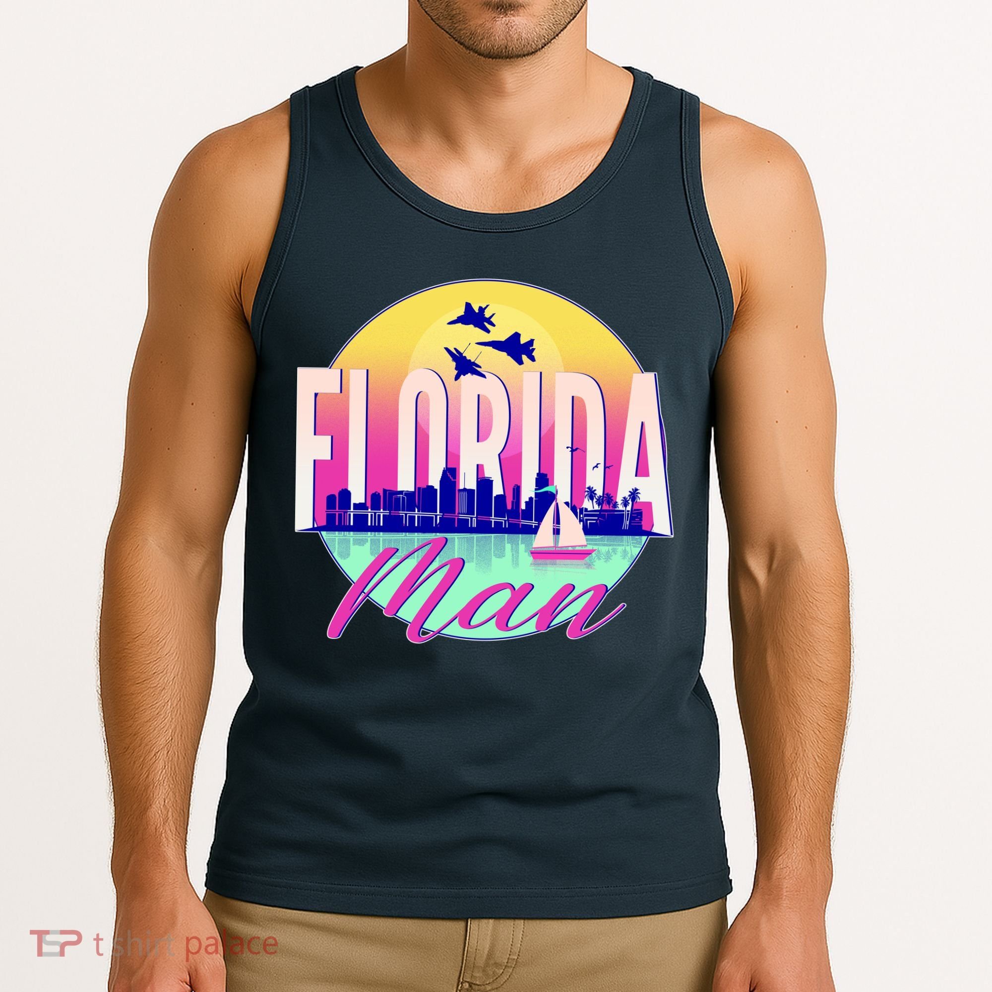 Retro Florida Man Miama Skyline with Fighter Jets Tank Top