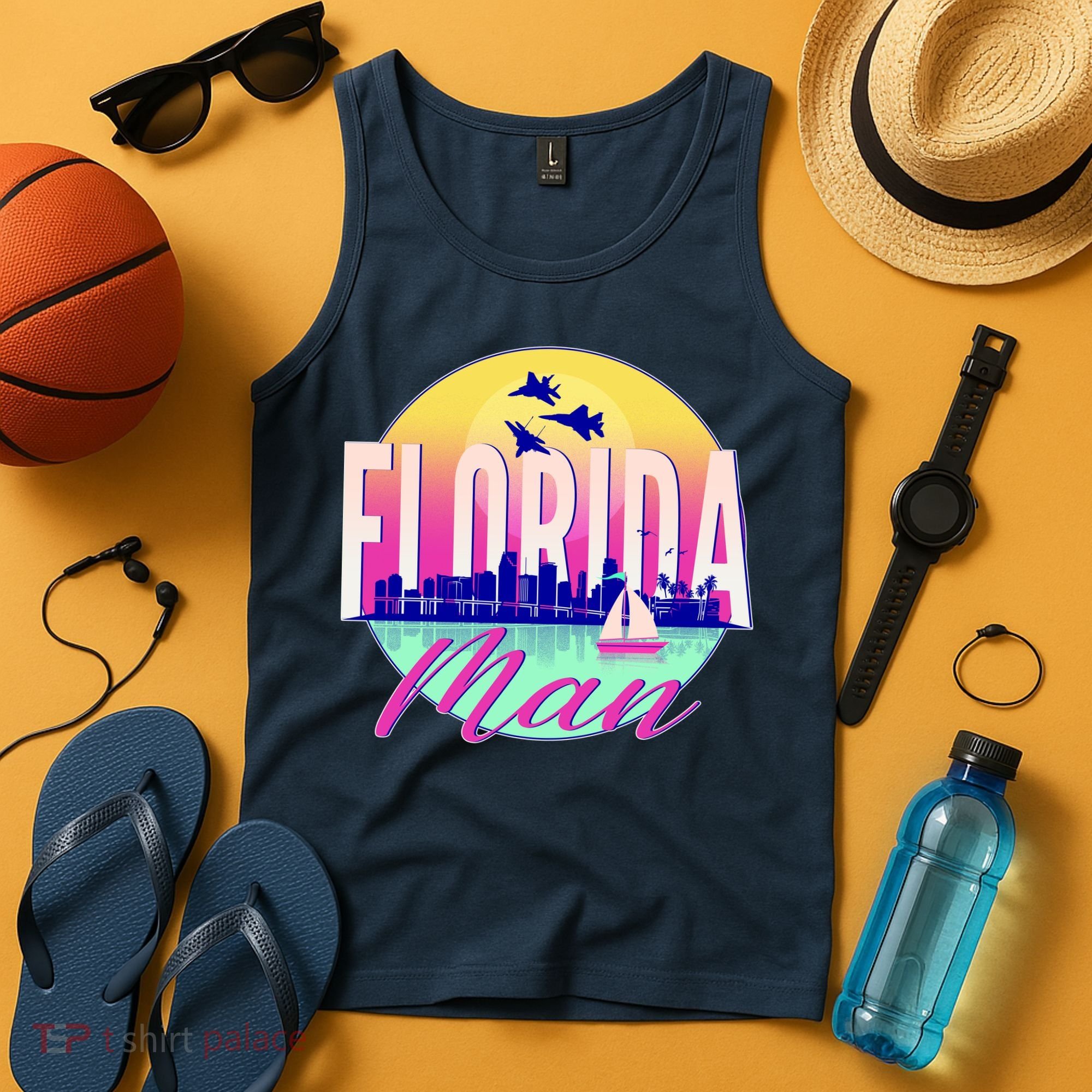 Retro Florida Man Miama Skyline with Fighter Jets Tank Top