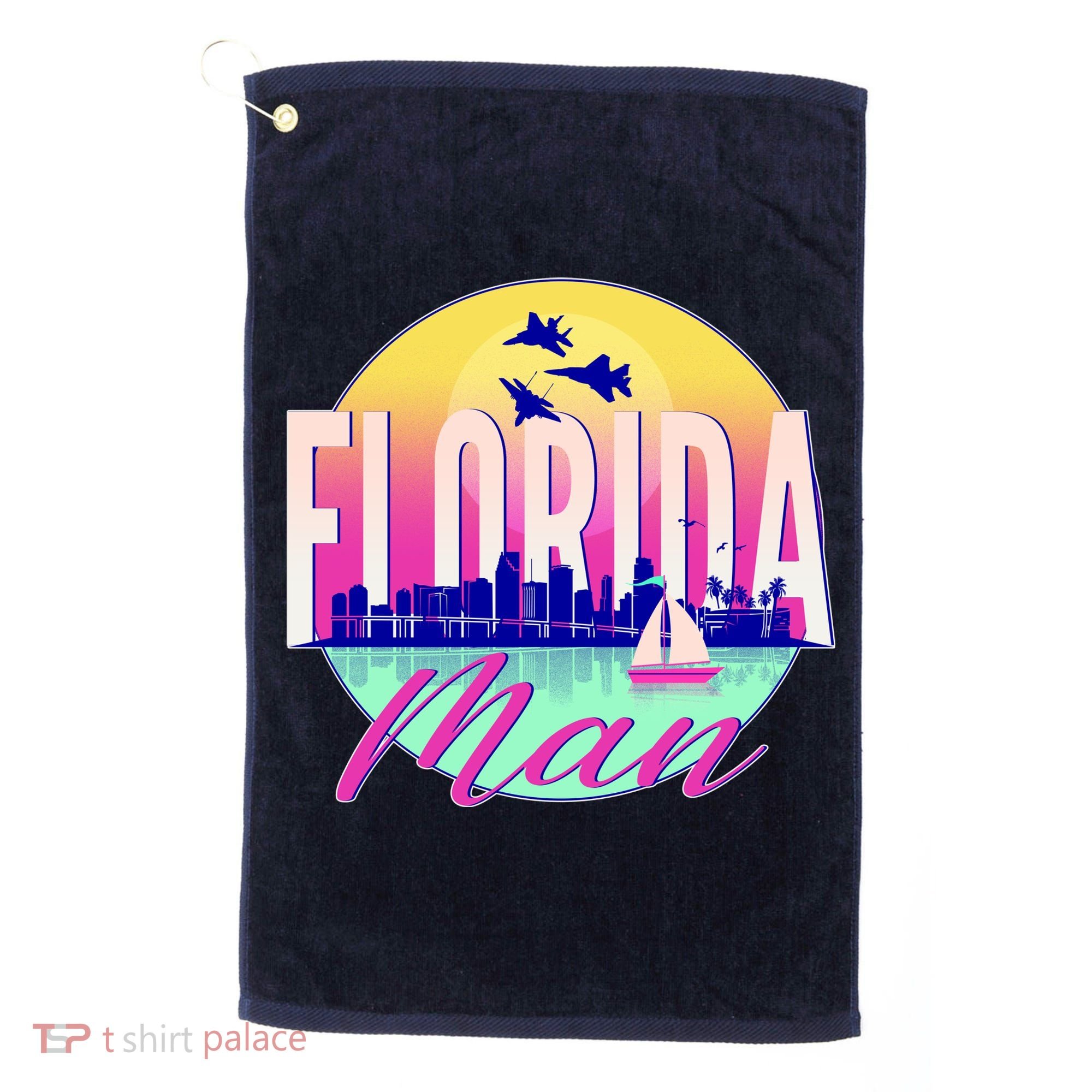 Retro Florida Man Miama Skyline with Fighter Jets Golf Towel