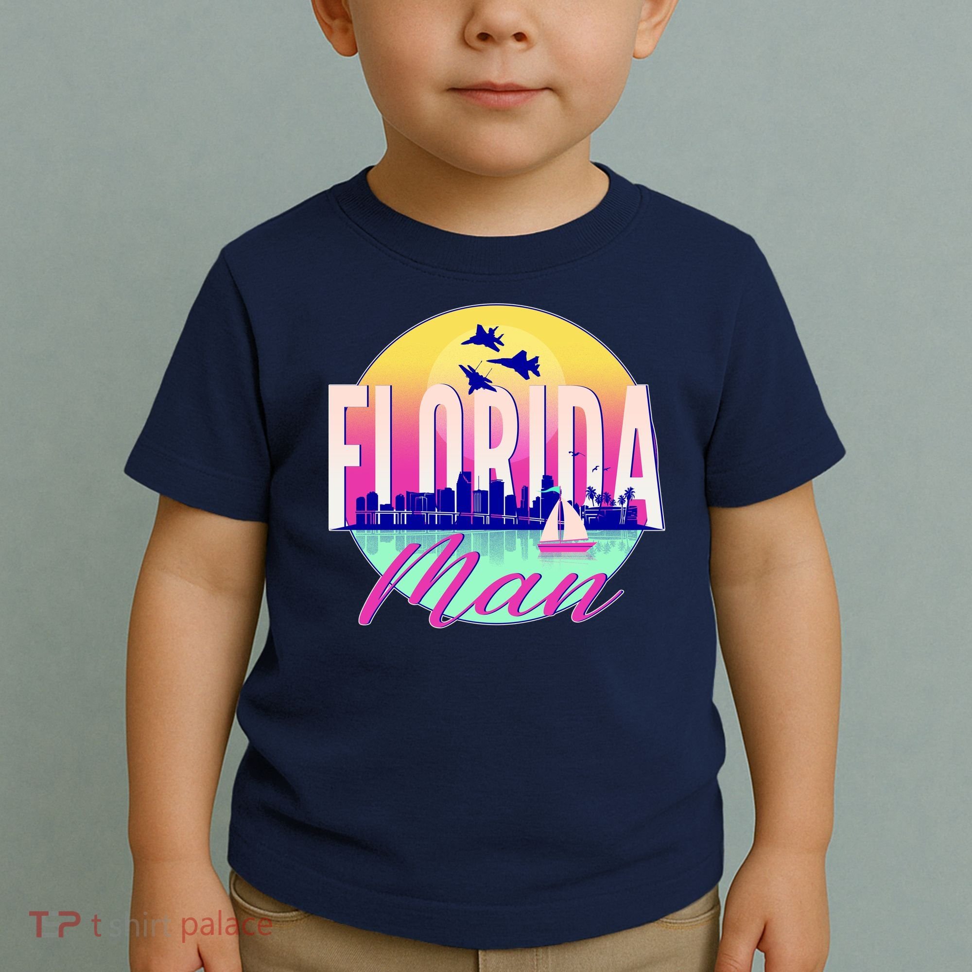 Retro Florida Man Miama Skyline with Fighter Jets Toddler T-Shirt