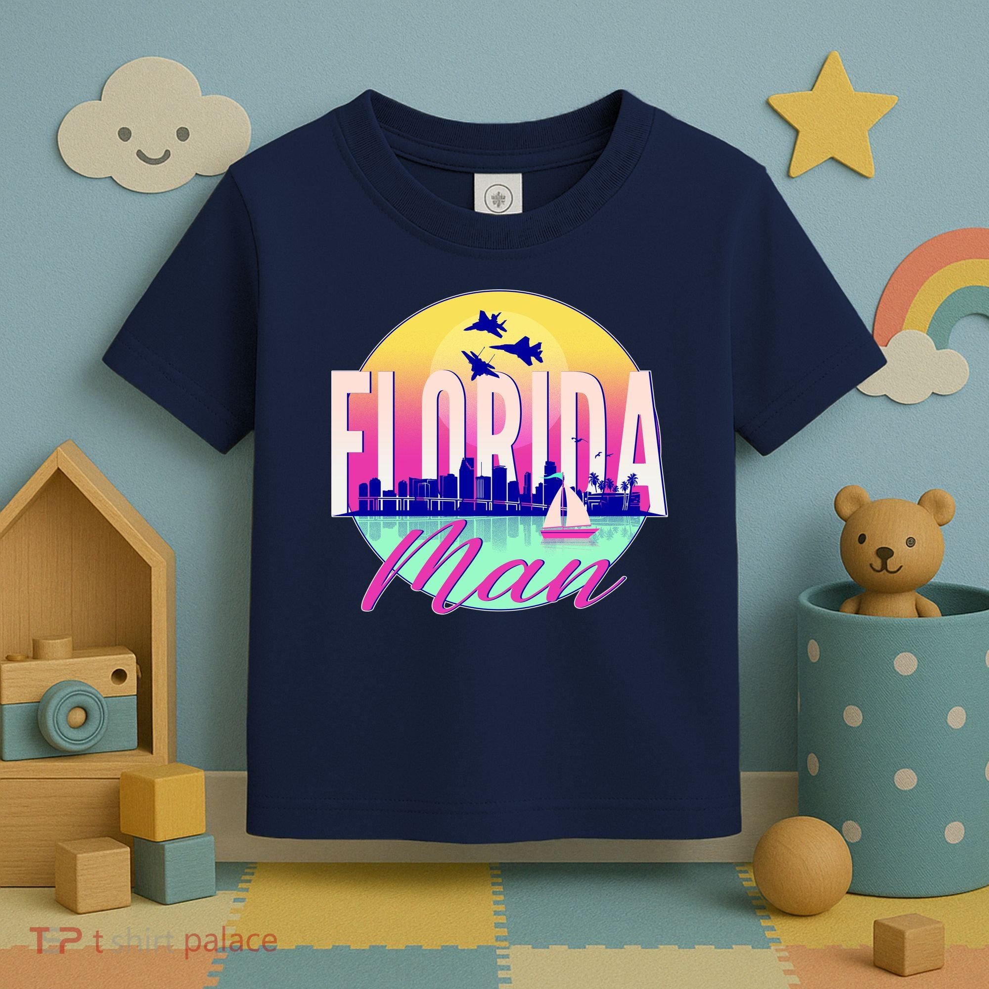 Retro Florida Man Miama Skyline with Fighter Jets Toddler T-Shirt