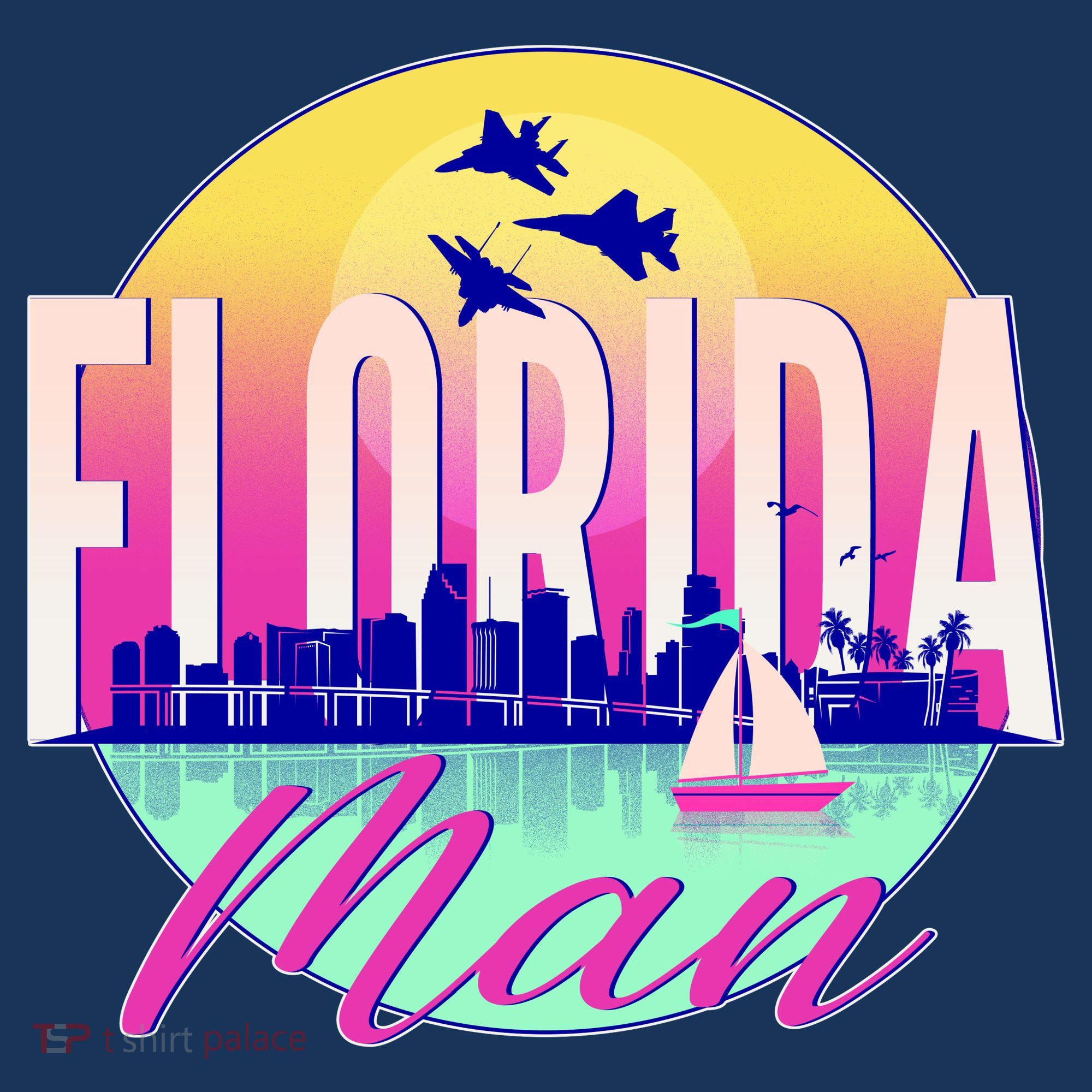 Retro Florida Man Miama Skyline with Fighter Jets Women's T-Shirt
