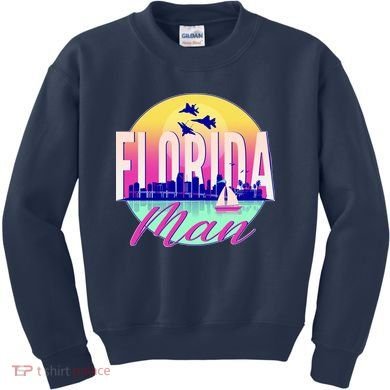 Retro Florida Man Miama Skyline with Fighter Jets Kids Sweatshirt