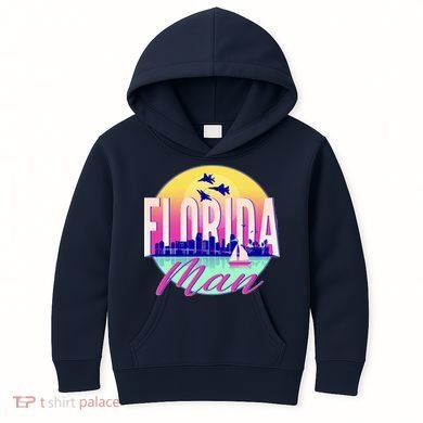 Retro Florida Man Miama Skyline with Fighter Jets Kids Hoodie