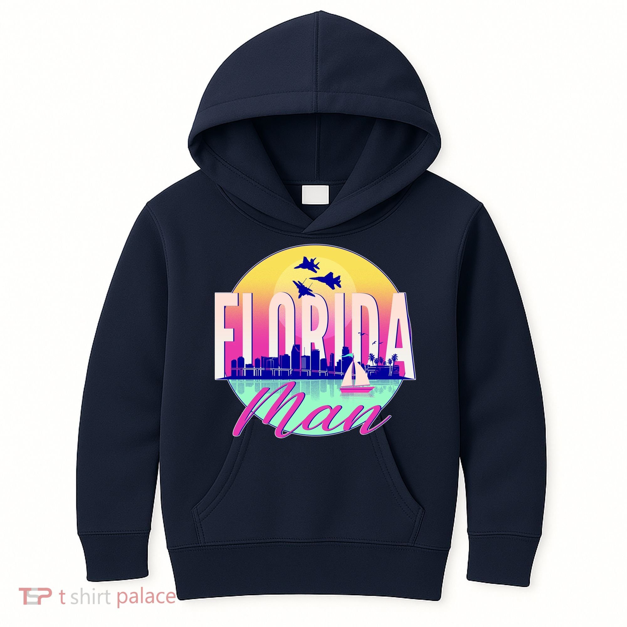 Retro Florida Man Miama Skyline with Fighter Jets Kids Hoodie