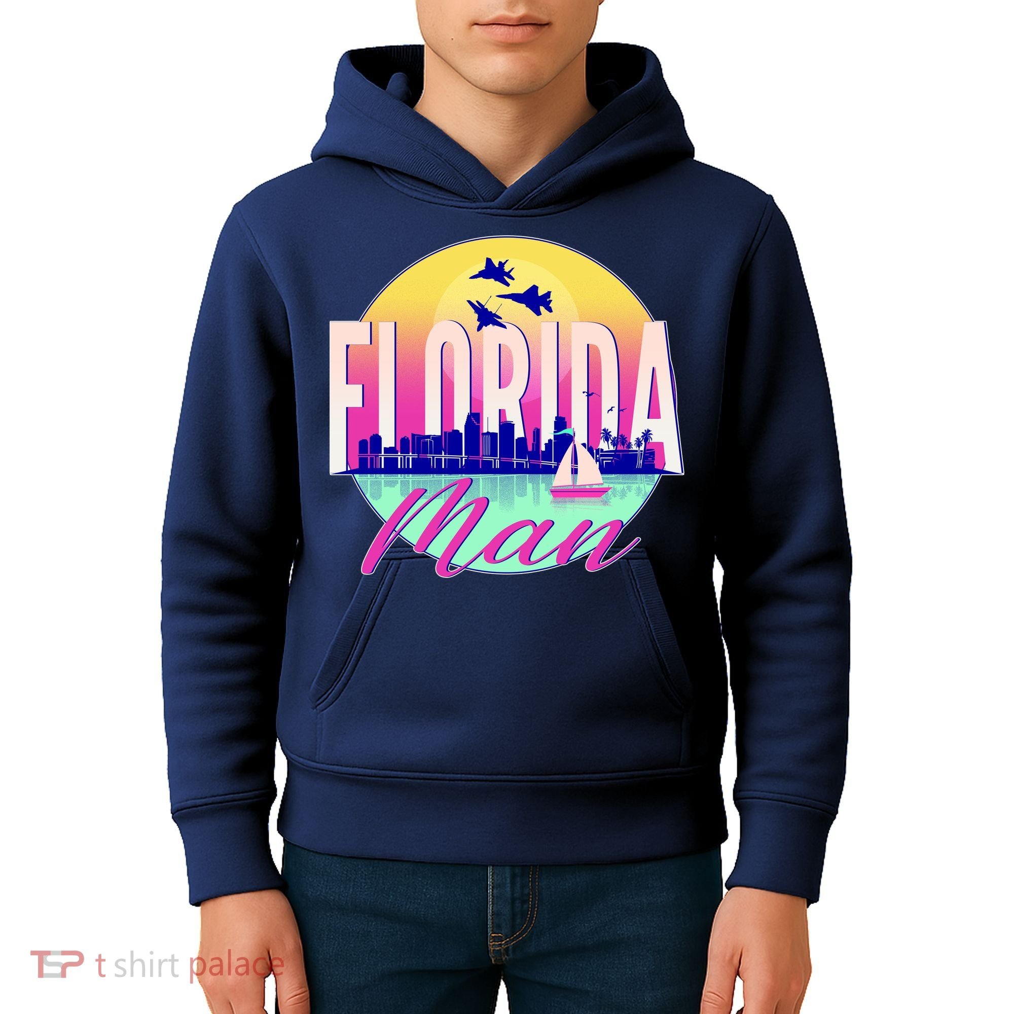 Retro Florida Man Miama Skyline with Fighter Jets Kids Hoodie