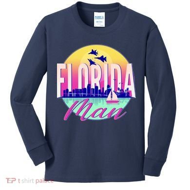 Retro Florida Man Miama Skyline with Fighter Jets Kids Long Sleeve Shirt