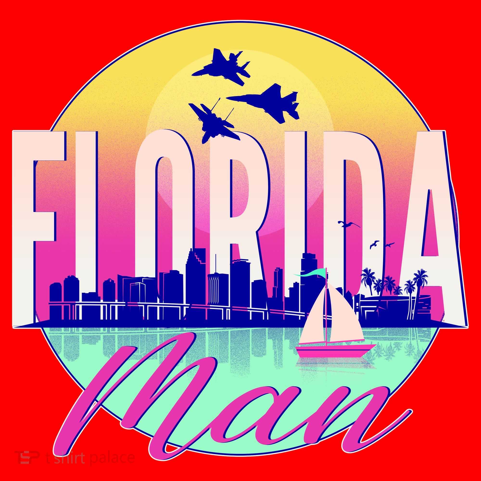 Retro Florida Man Miama Skyline with Fighter Jets Santa Hat