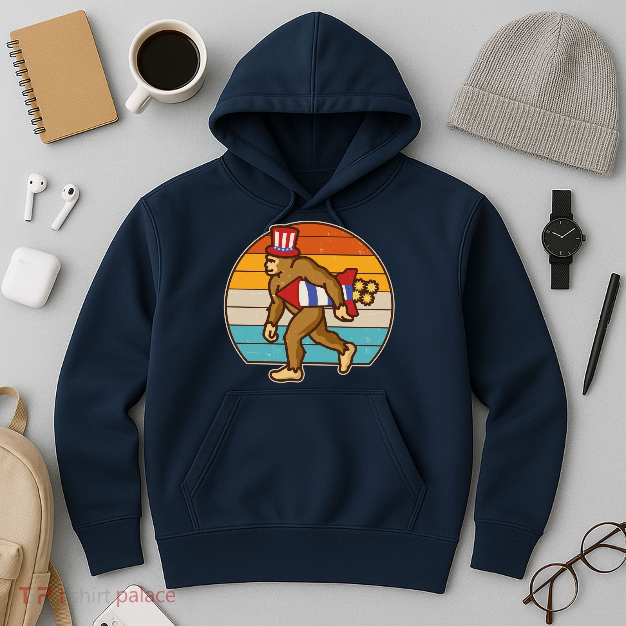 Retro Fourth 4th of July Firecracker Rocket Bigfoot Hoodie