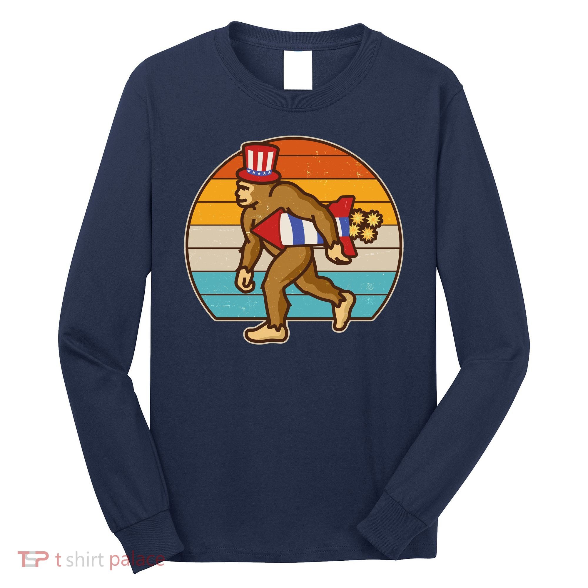 Retro Fourth 4th of July Firecracker Rocket Bigfoot Long Sleeve Shirt