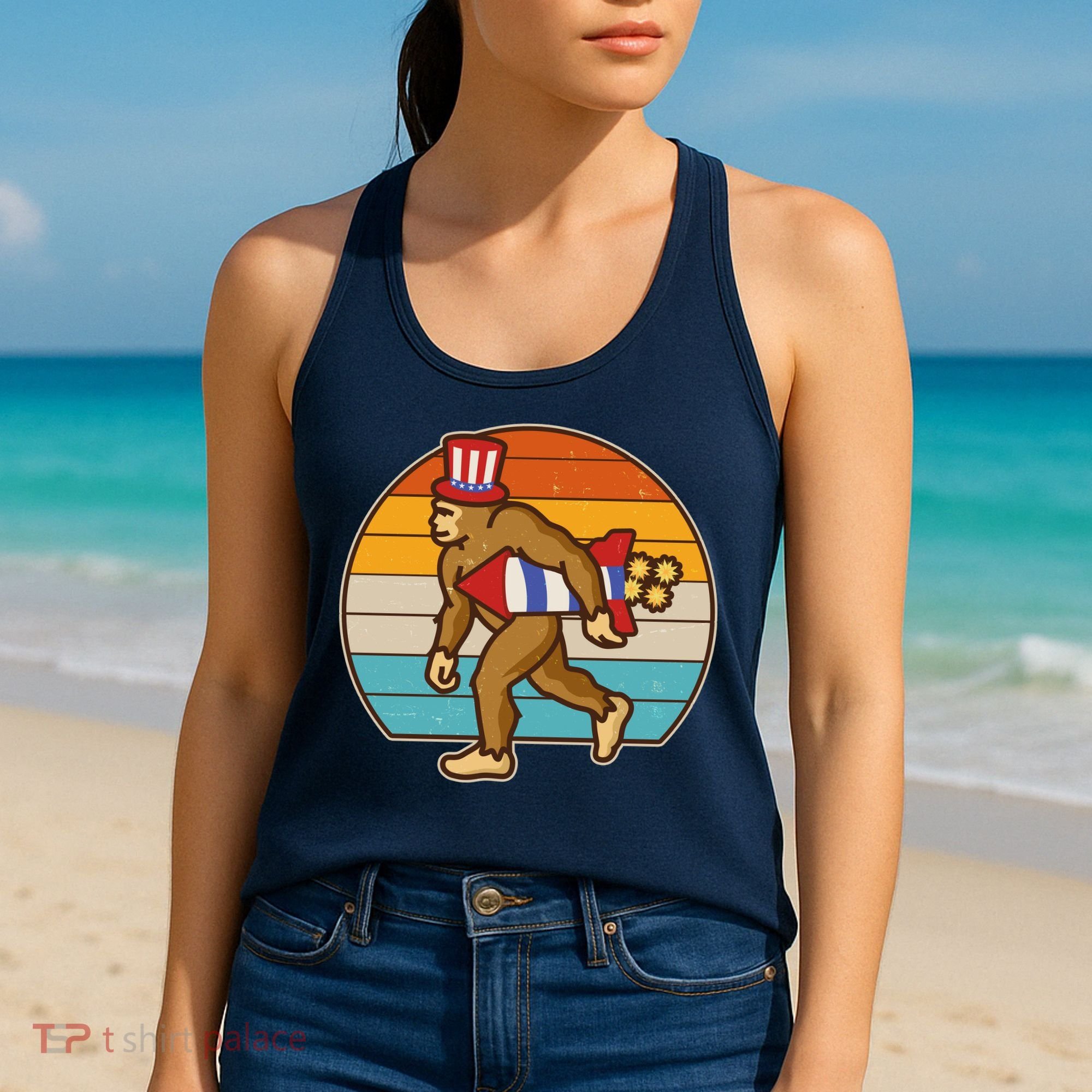 Retro Fourth 4th of July Firecracker Rocket Bigfoot Women's Tank Top