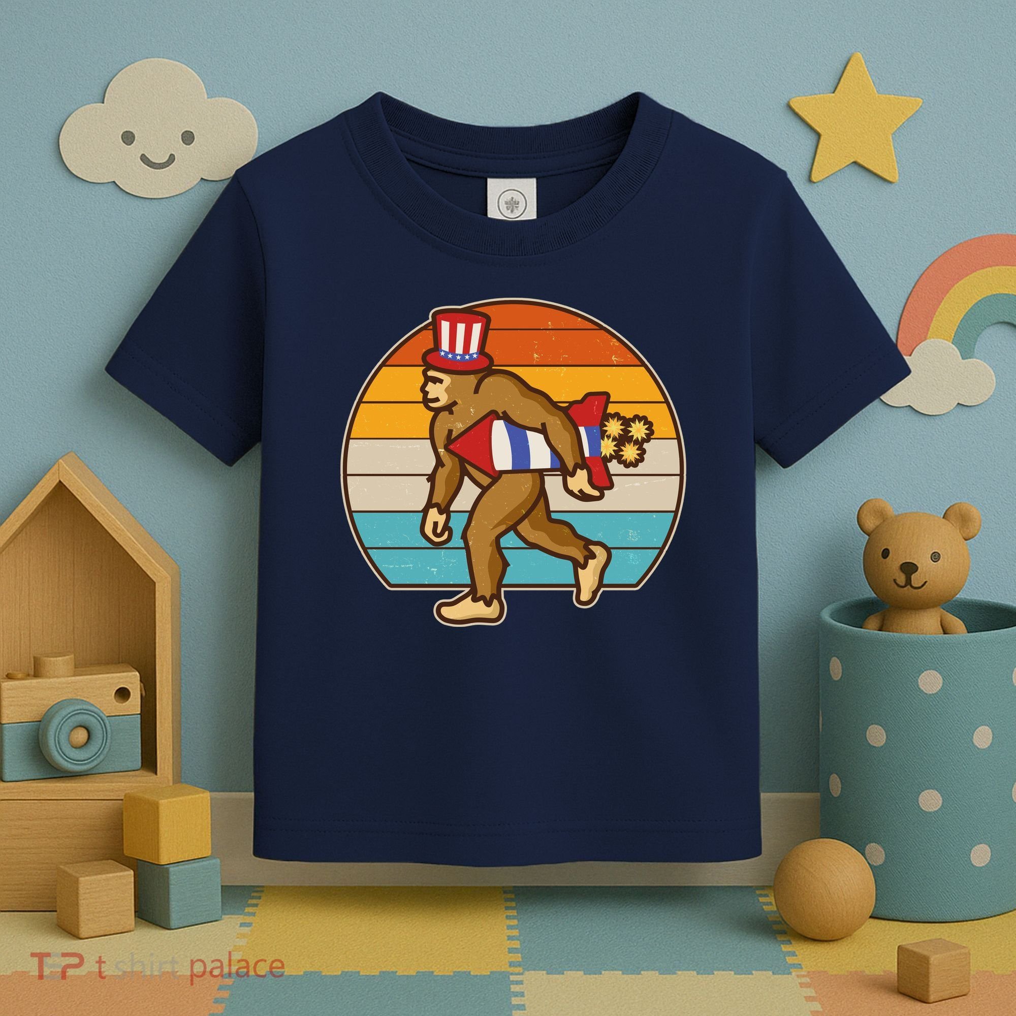 Retro Fourth 4th of July Firecracker Rocket Bigfoot Toddler T-Shirt