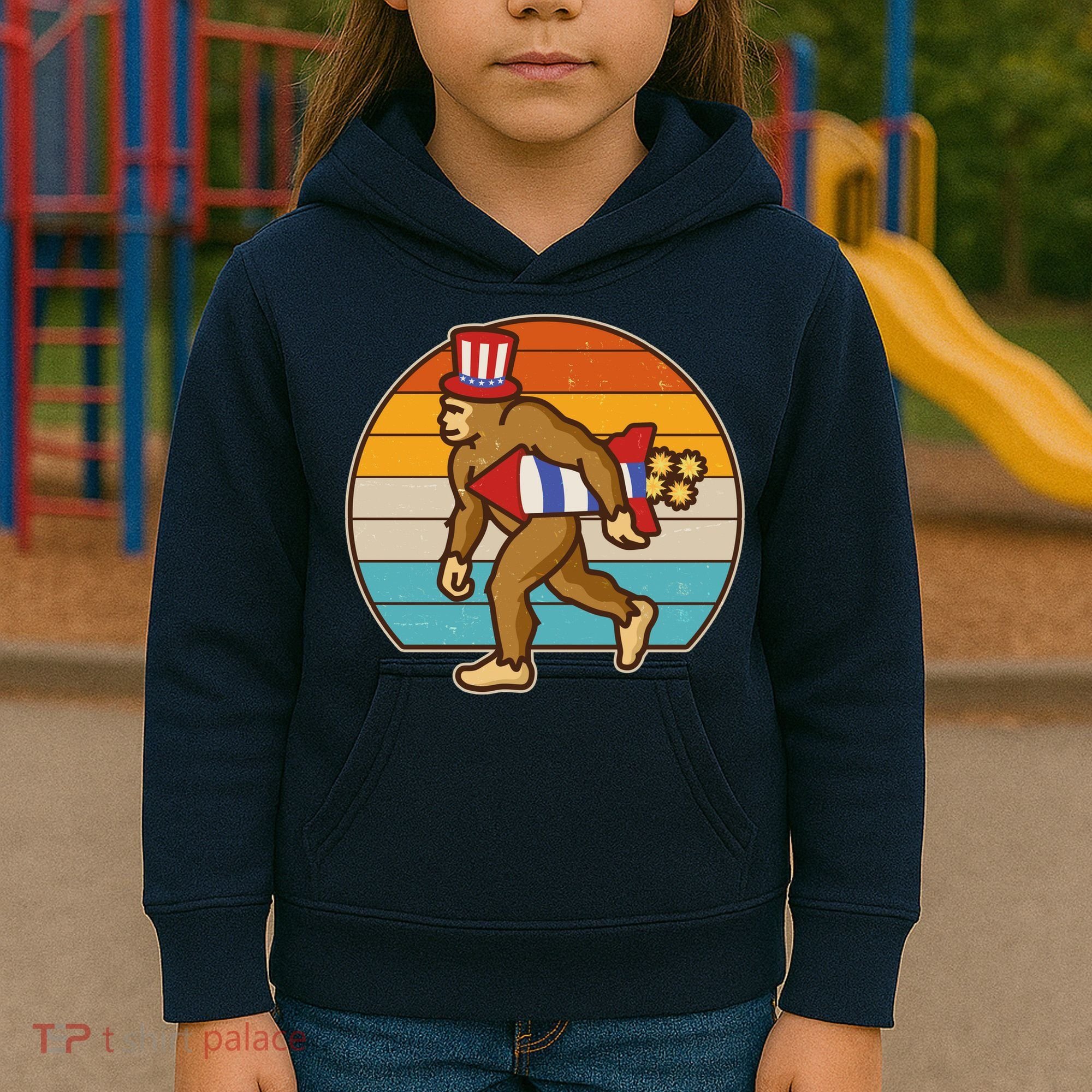 Retro Fourth 4th of July Firecracker Rocket Bigfoot Kids Hoodie