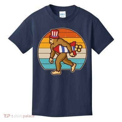 Retro Fourth 4th of July Firecracker Rocket Bigfoot Kids T-Shirt