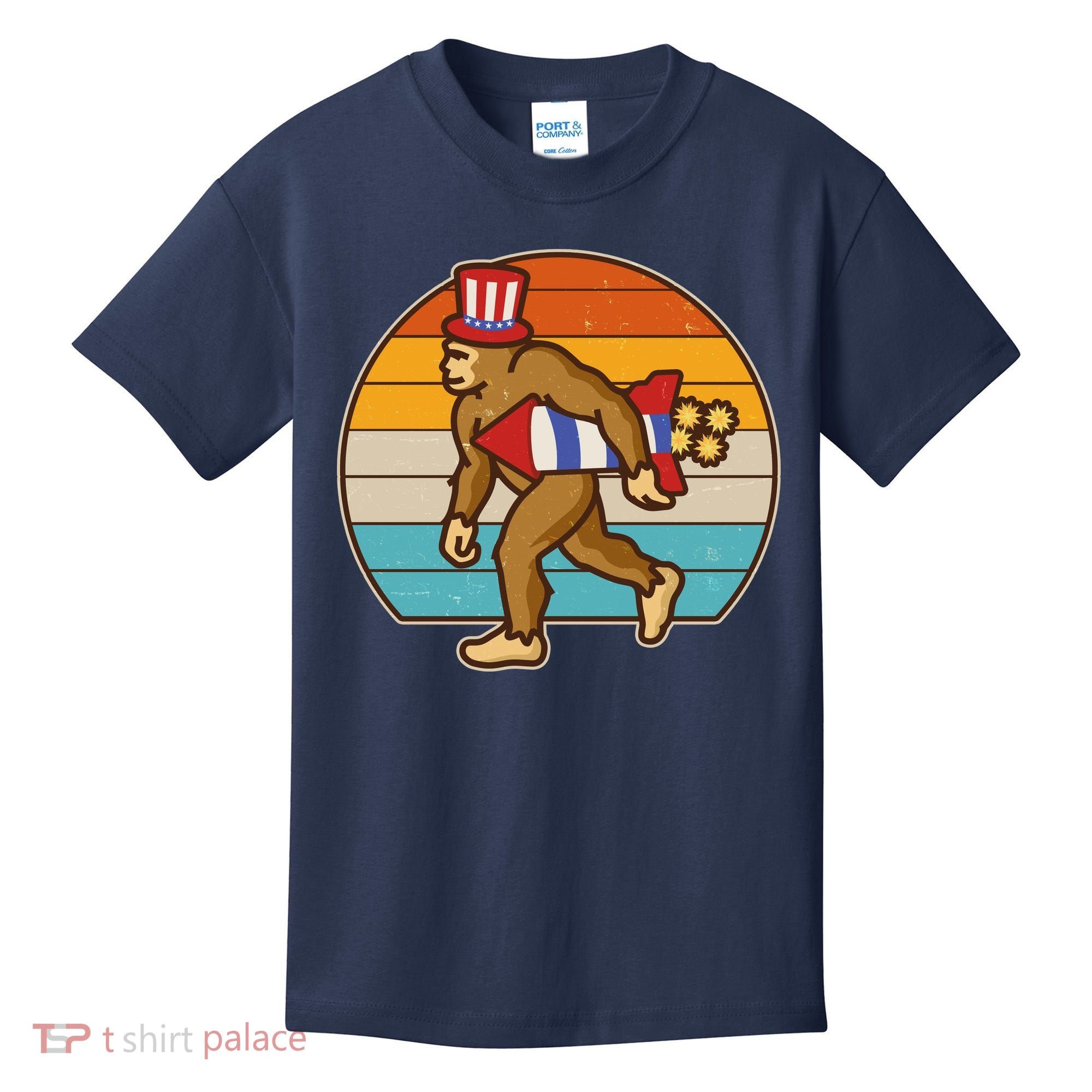 Retro Fourth 4th of July Firecracker Rocket Bigfoot Kids T-Shirt