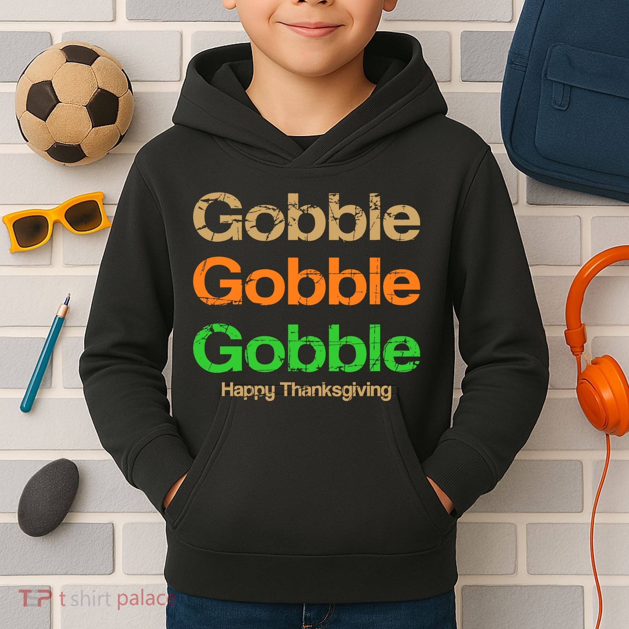 Retro Gobble Funny Thanksgiving Kids Hoodie