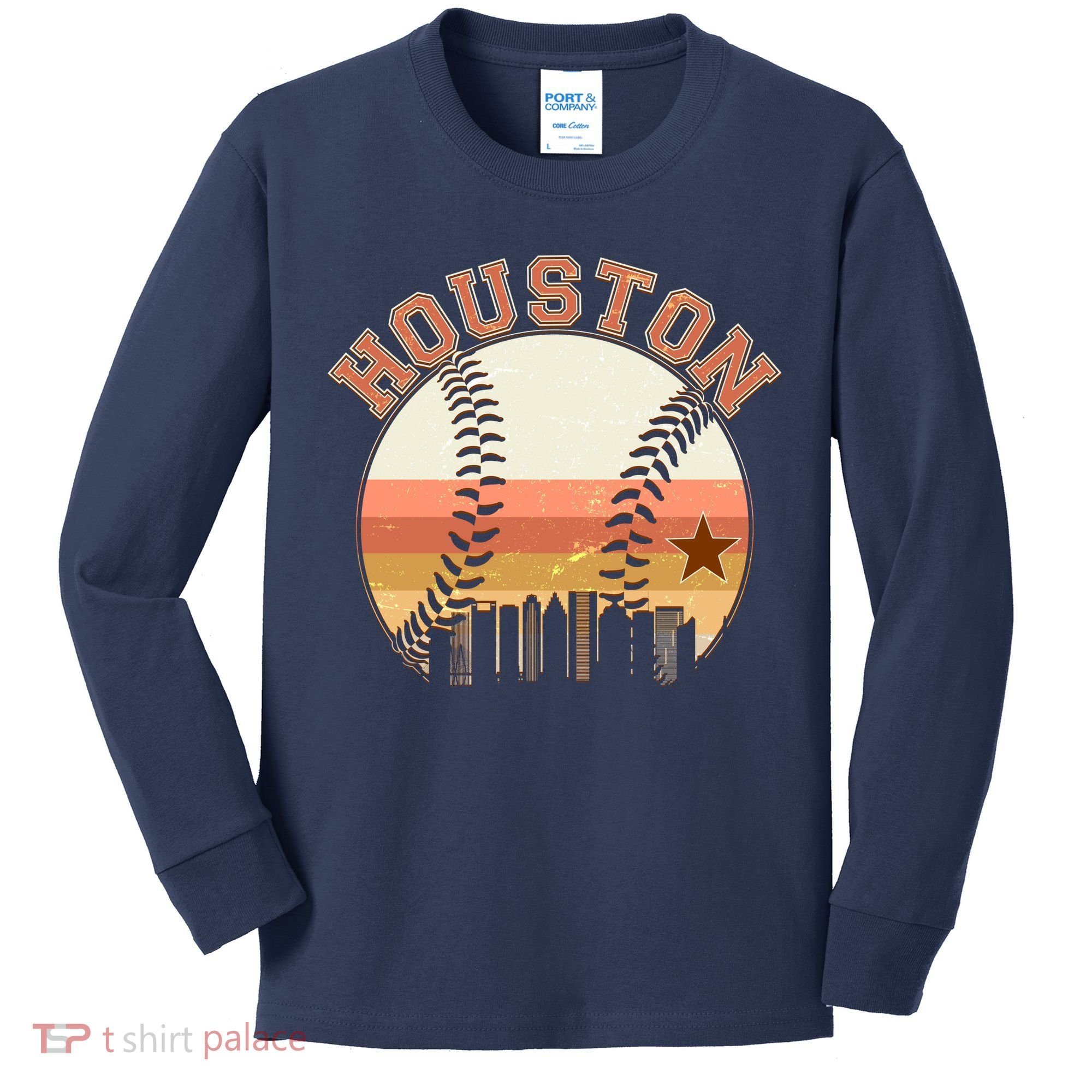Retro Houston Baseball Fan Kids Long Sleeve Shirt