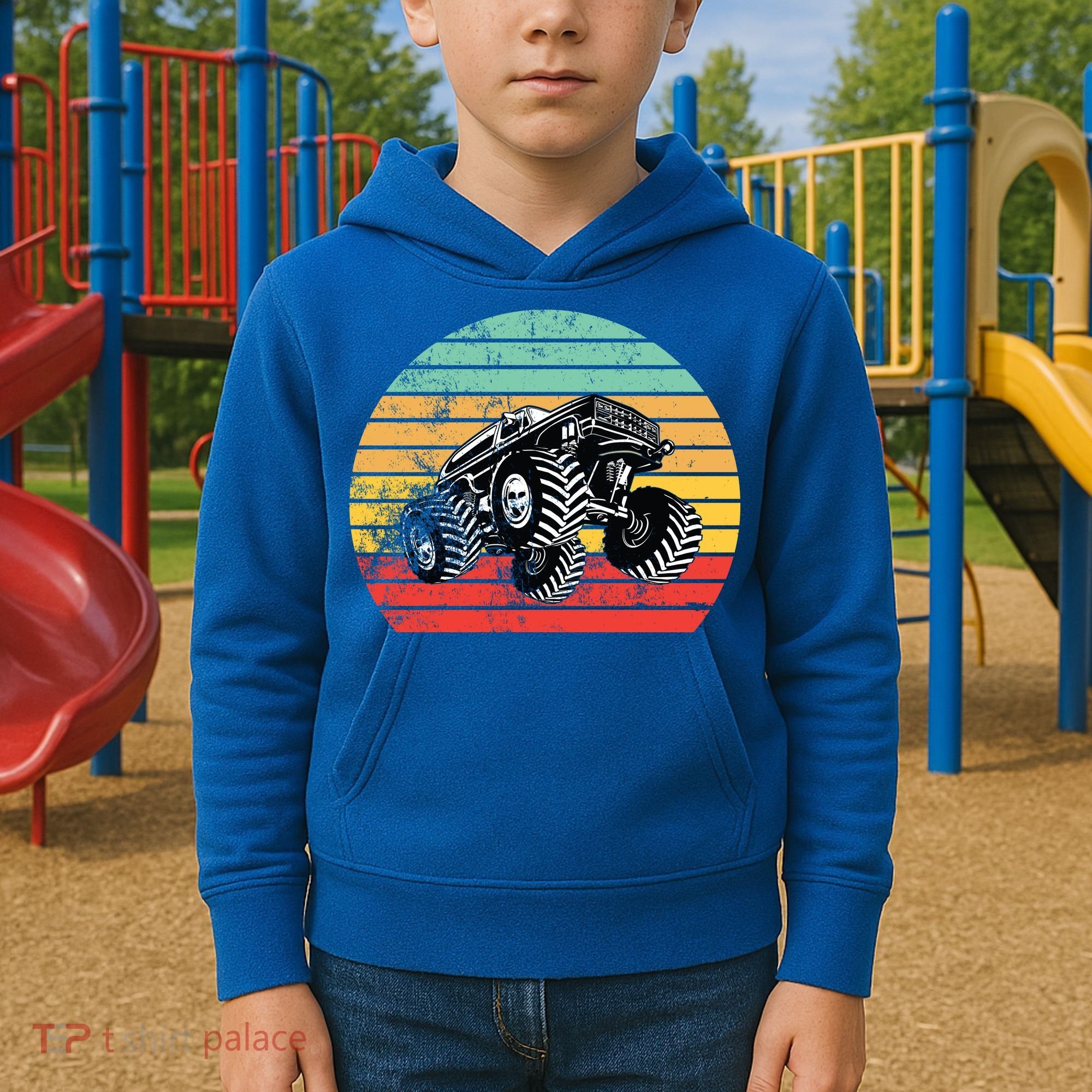 Retro Monster Truck Emblem Kids Hoodie