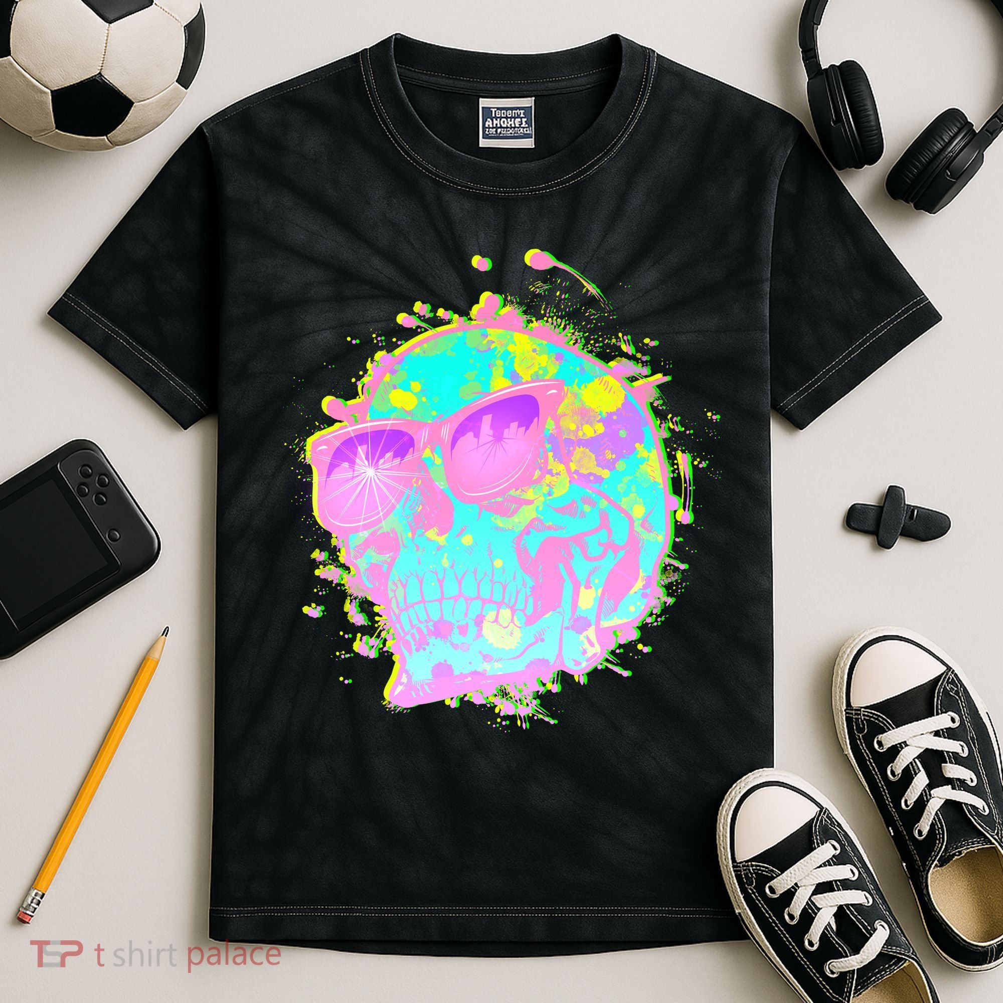 Retro Neon Skull Kids Tie-Dye T-Shirt