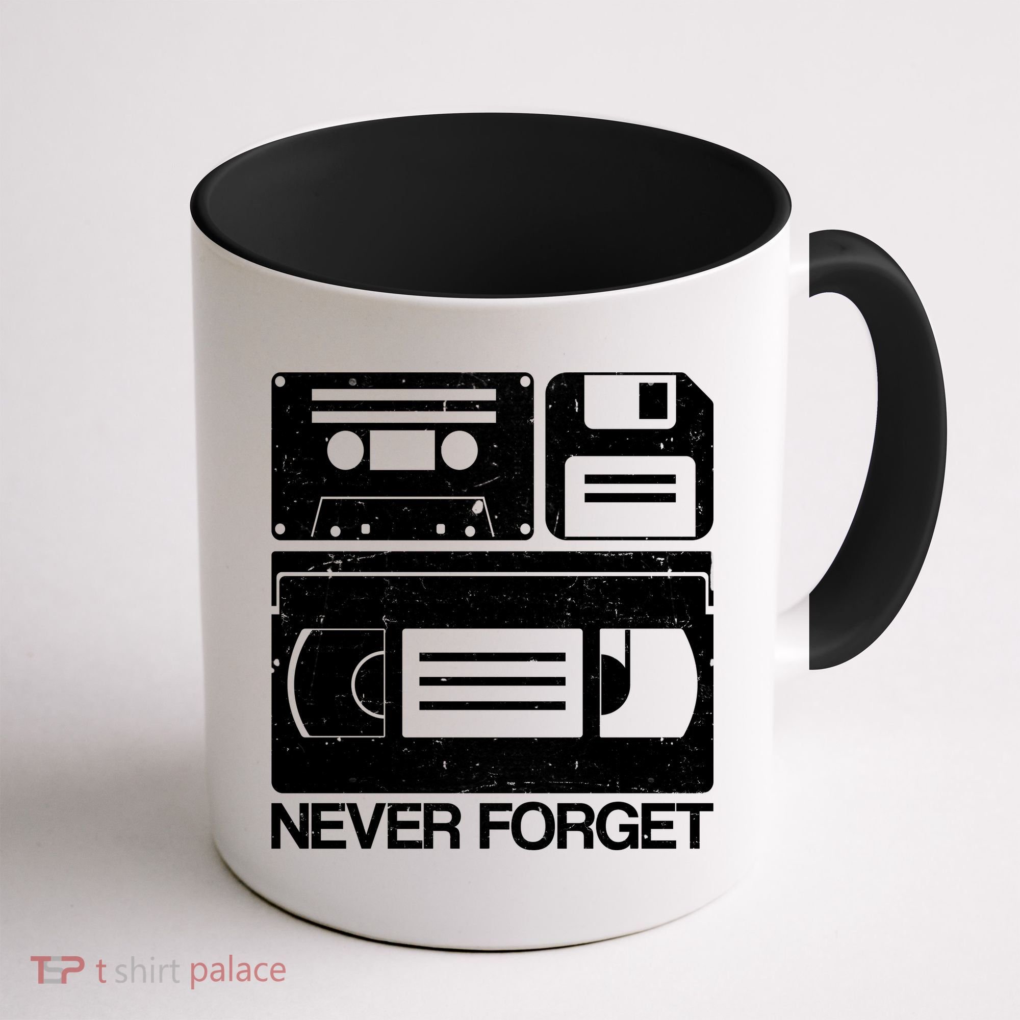 Retro Never Forget Cassette Floppy Disk VHS Tape Coffee Mug