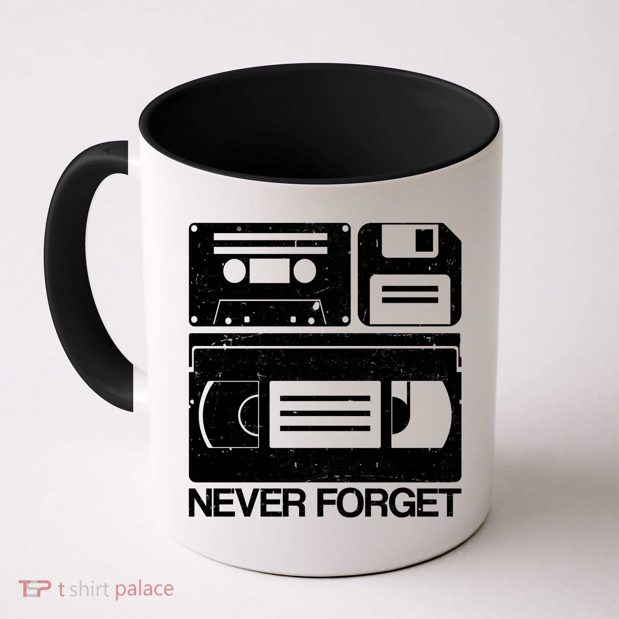 Retro Never Forget Cassette Floppy Disk VHS Tape Coffee Mug