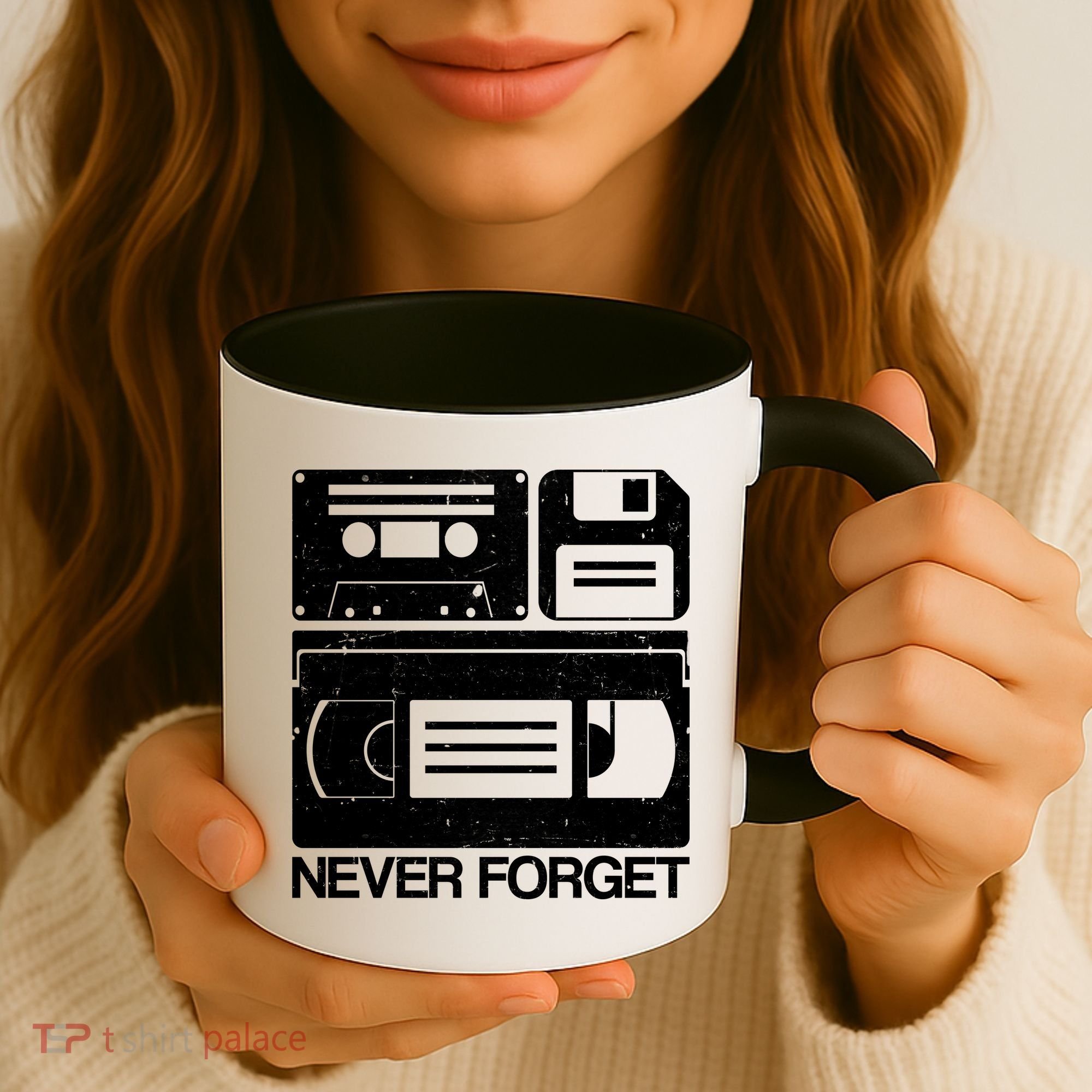 Retro Never Forget Cassette Floppy Disk VHS Tape Coffee Mug