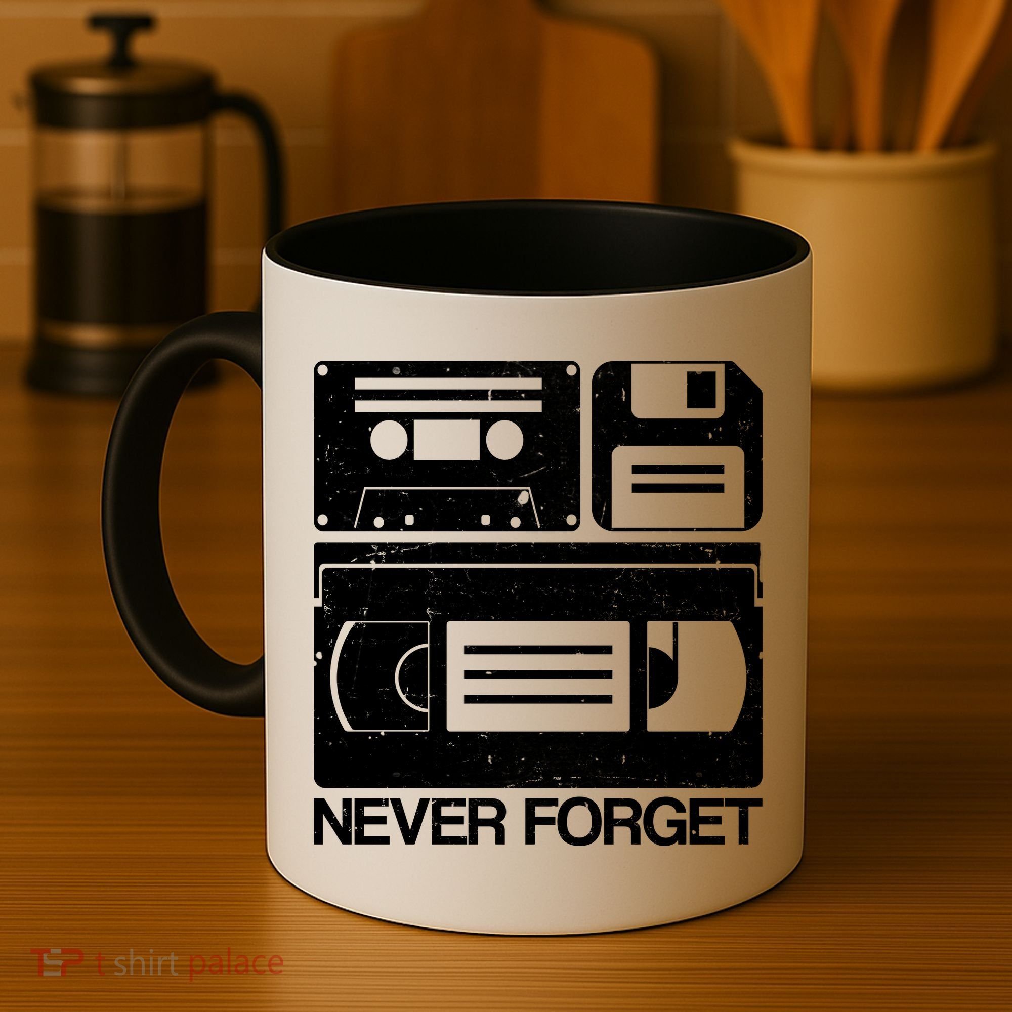 Retro Never Forget Cassette Floppy Disk VHS Tape Coffee Mug