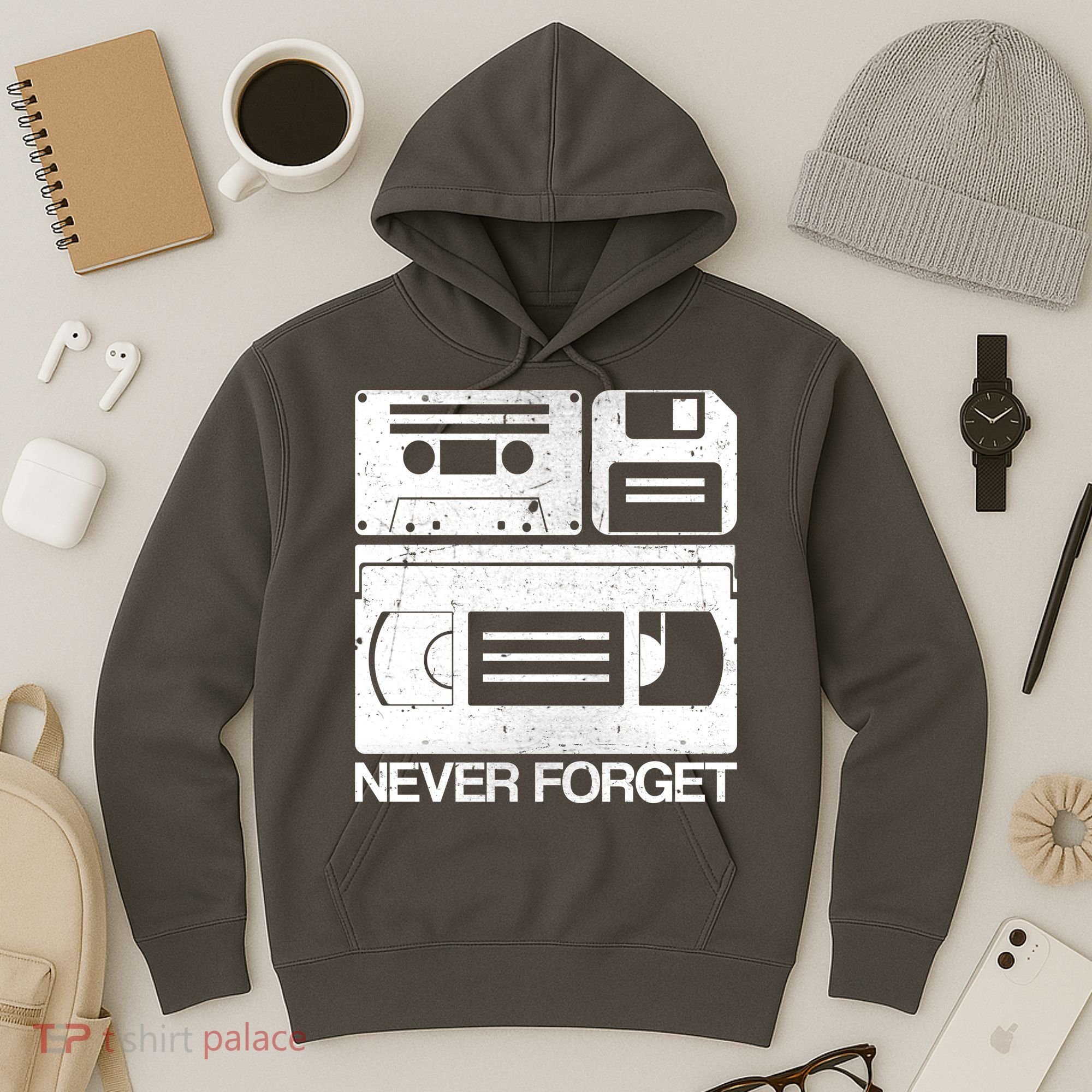 Retro Never Forget Cassette Floppy Disk VHS Tape Hoodie