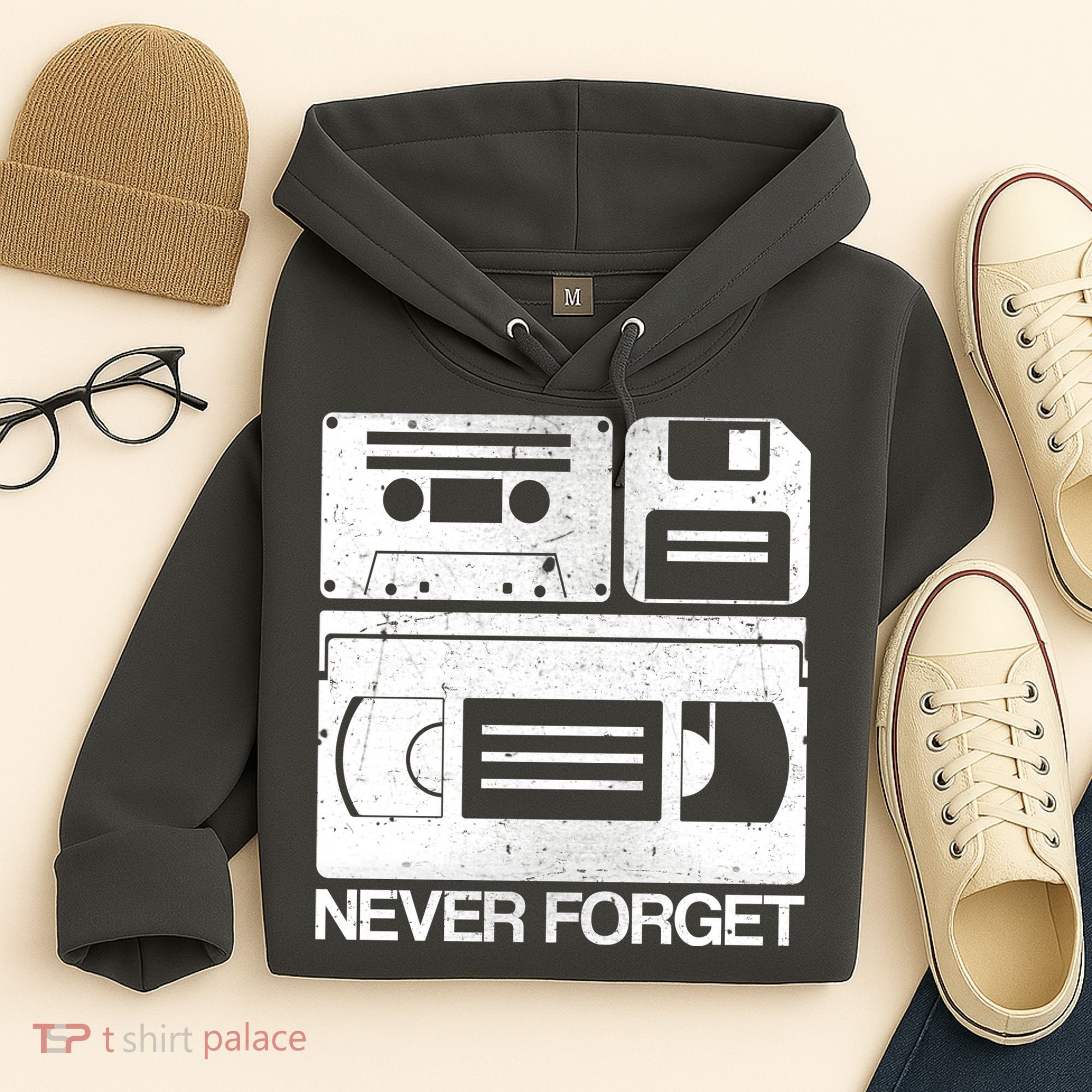 Retro Never Forget Cassette Floppy Disk VHS Tape Hoodie