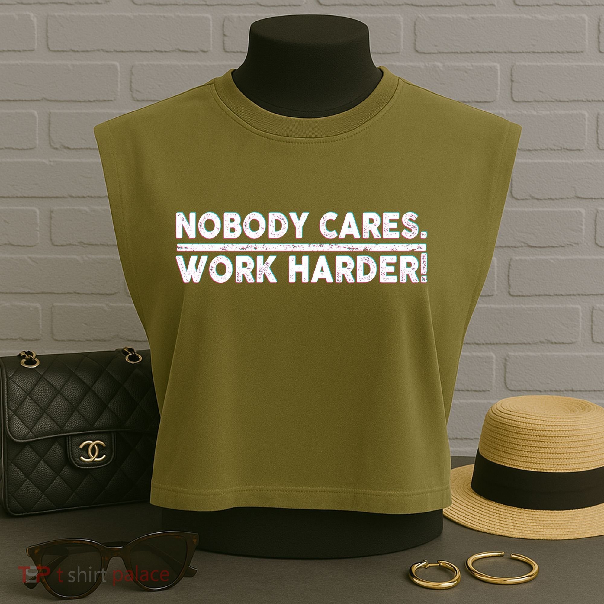 Retro Nobody Cares Work Harder Distressed Garment-Dyed Women's Muscle Tee