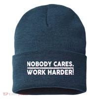 Retro Nobody Cares Work Harder Distressed Sustainable Knit Beanie thumb 0