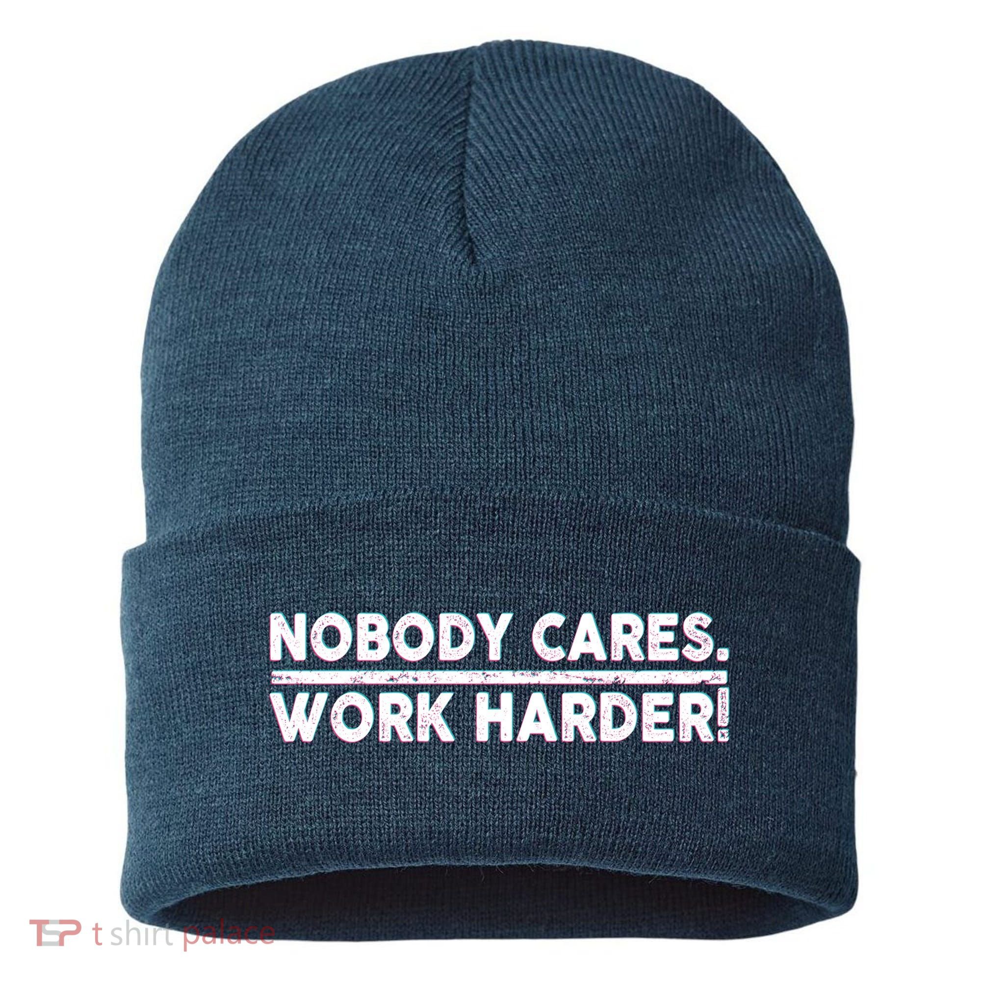Retro Nobody Cares Work Harder Distressed Sustainable Knit Beanie