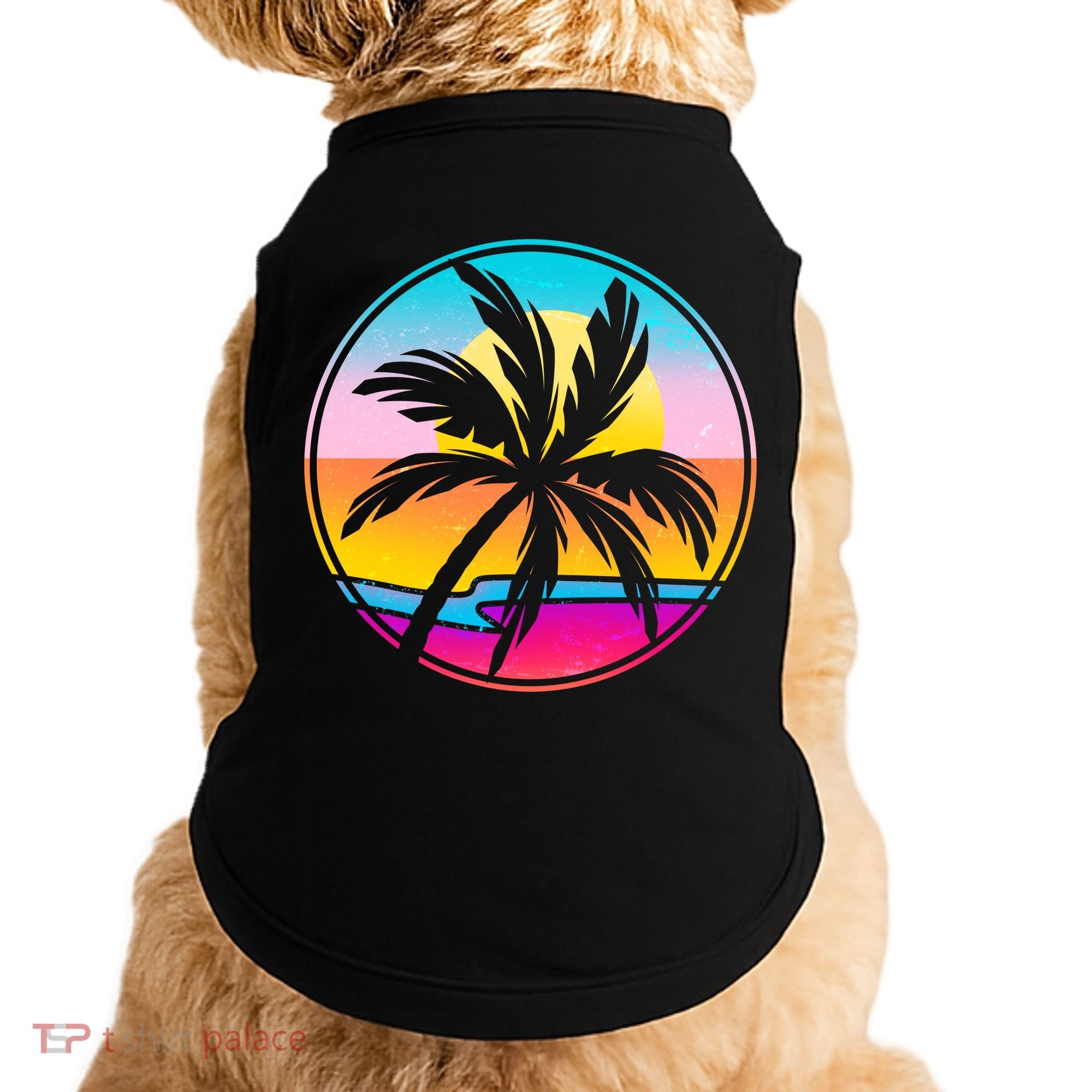 Retro Ocean Sun Palm Tree Emblem Doggie Tank