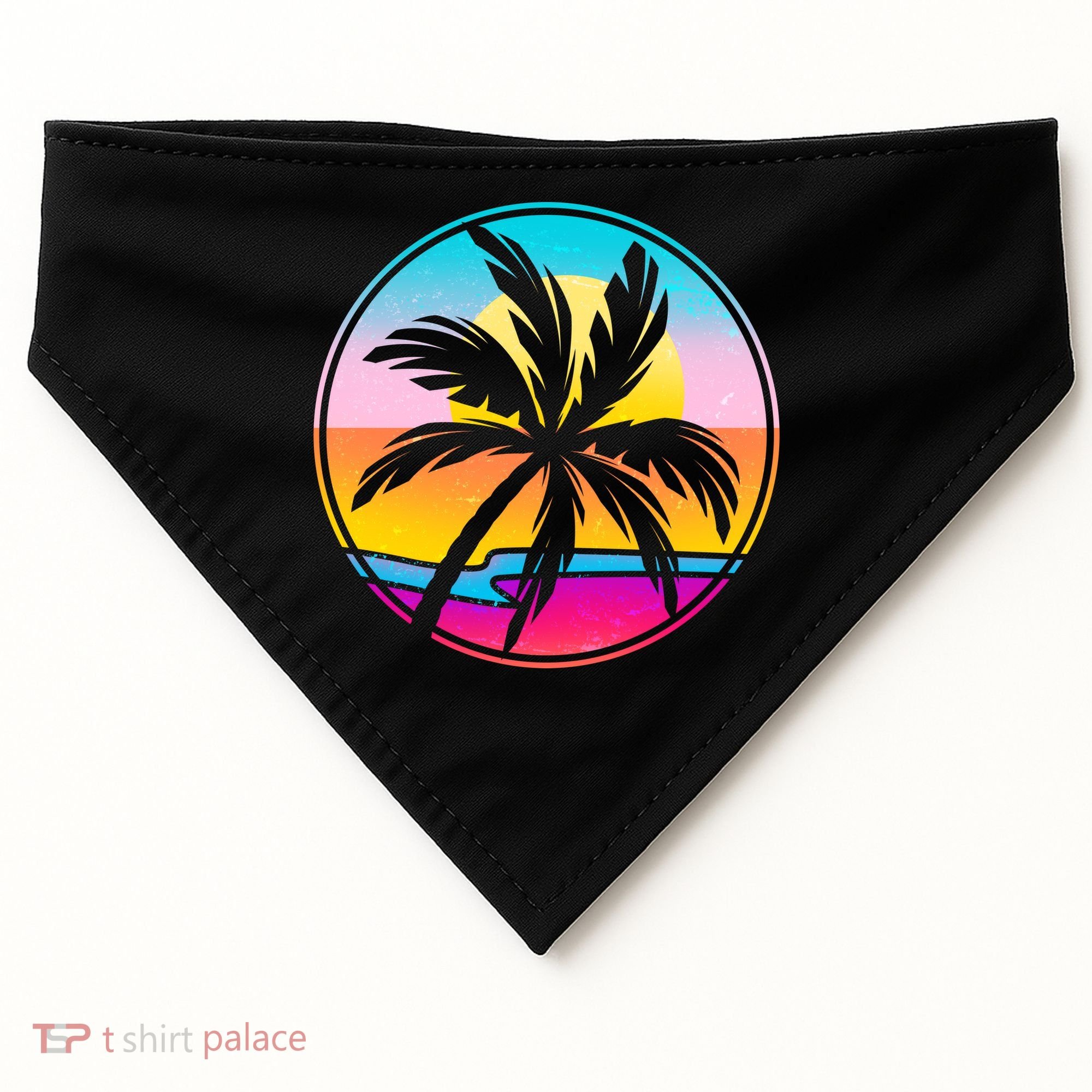 Retro Ocean Sun Palm Tree Emblem USA-Made Doggie Bandana