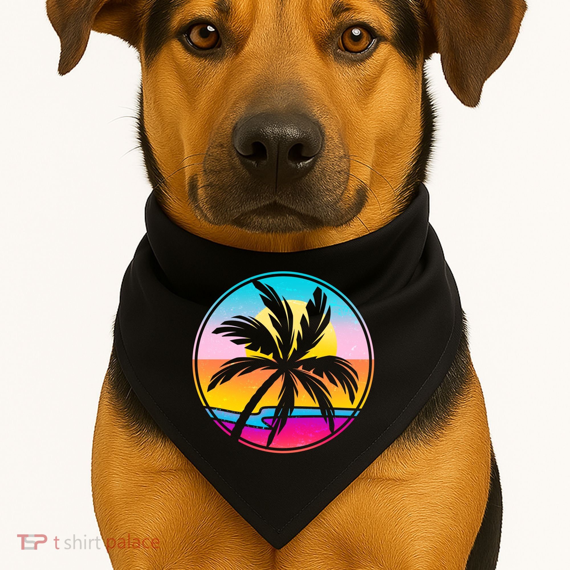 Retro Ocean Sun Palm Tree Emblem USA-Made Doggie Bandana