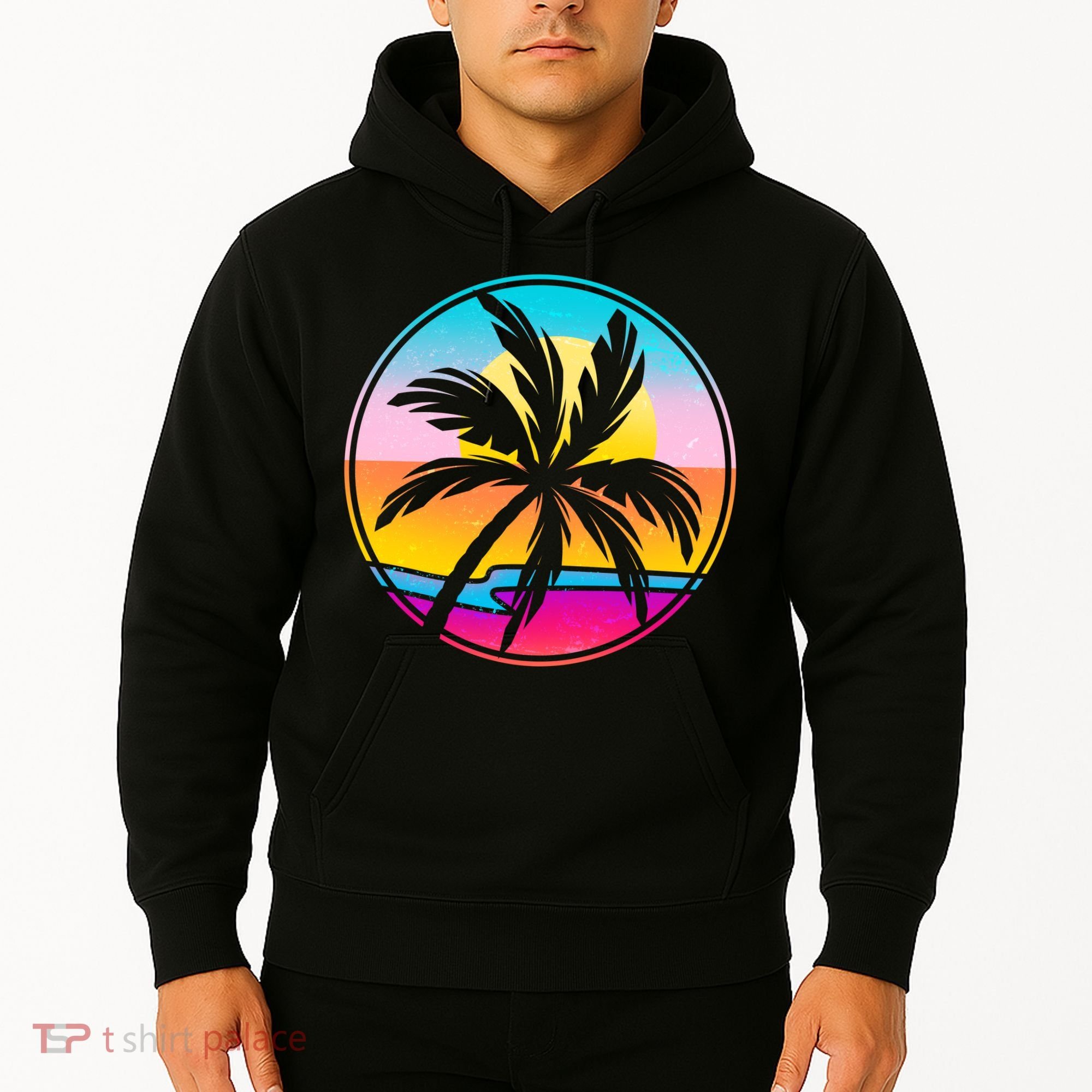 Retro Ocean Sun Palm Tree Emblem Hoodie