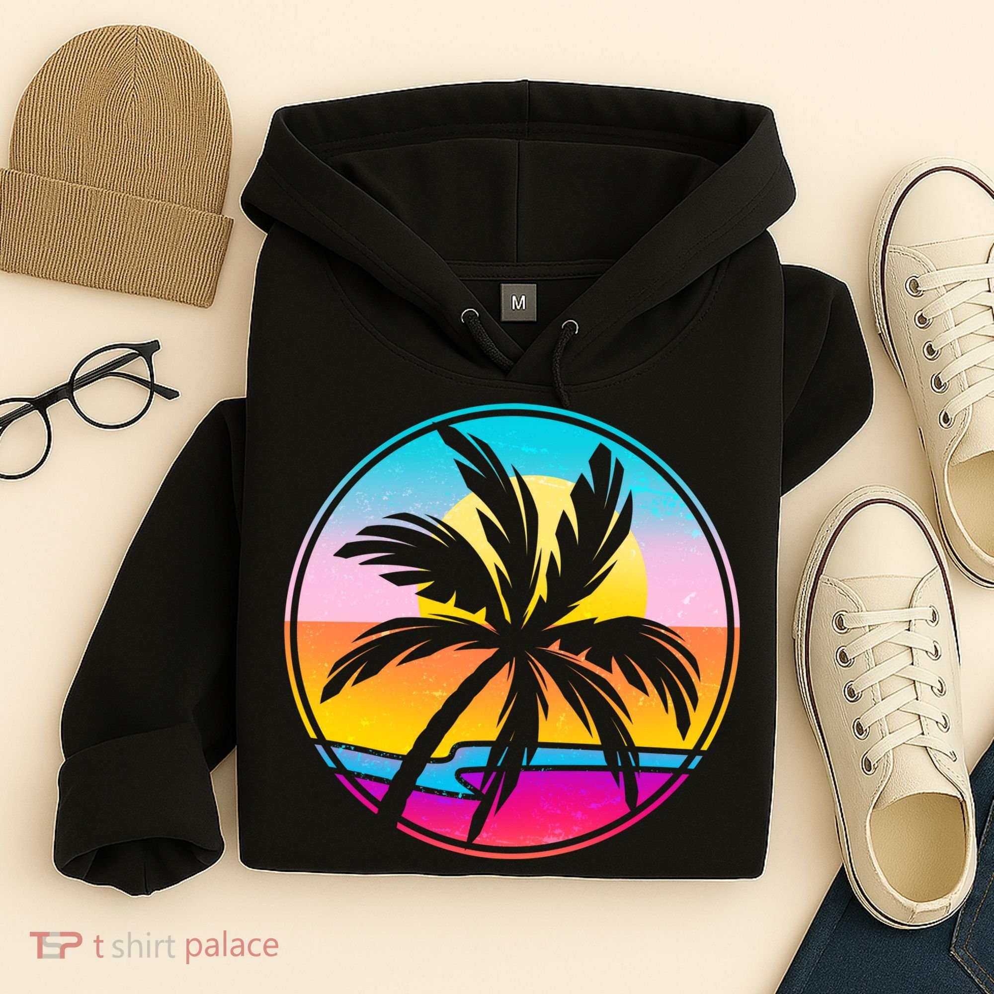 Retro Ocean Sun Palm Tree Emblem Hoodie