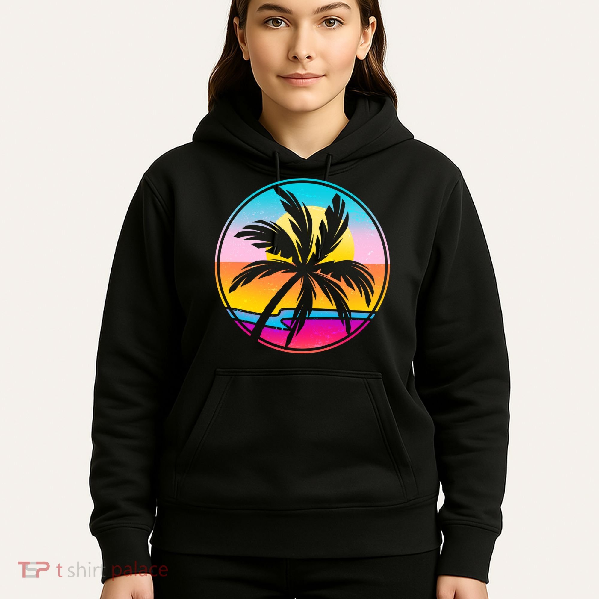 Retro Ocean Sun Palm Tree Emblem Hoodie