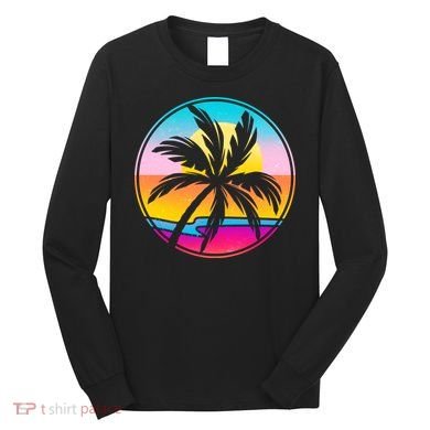 Retro Ocean Sun Palm Tree Emblem Long Sleeve Shirt