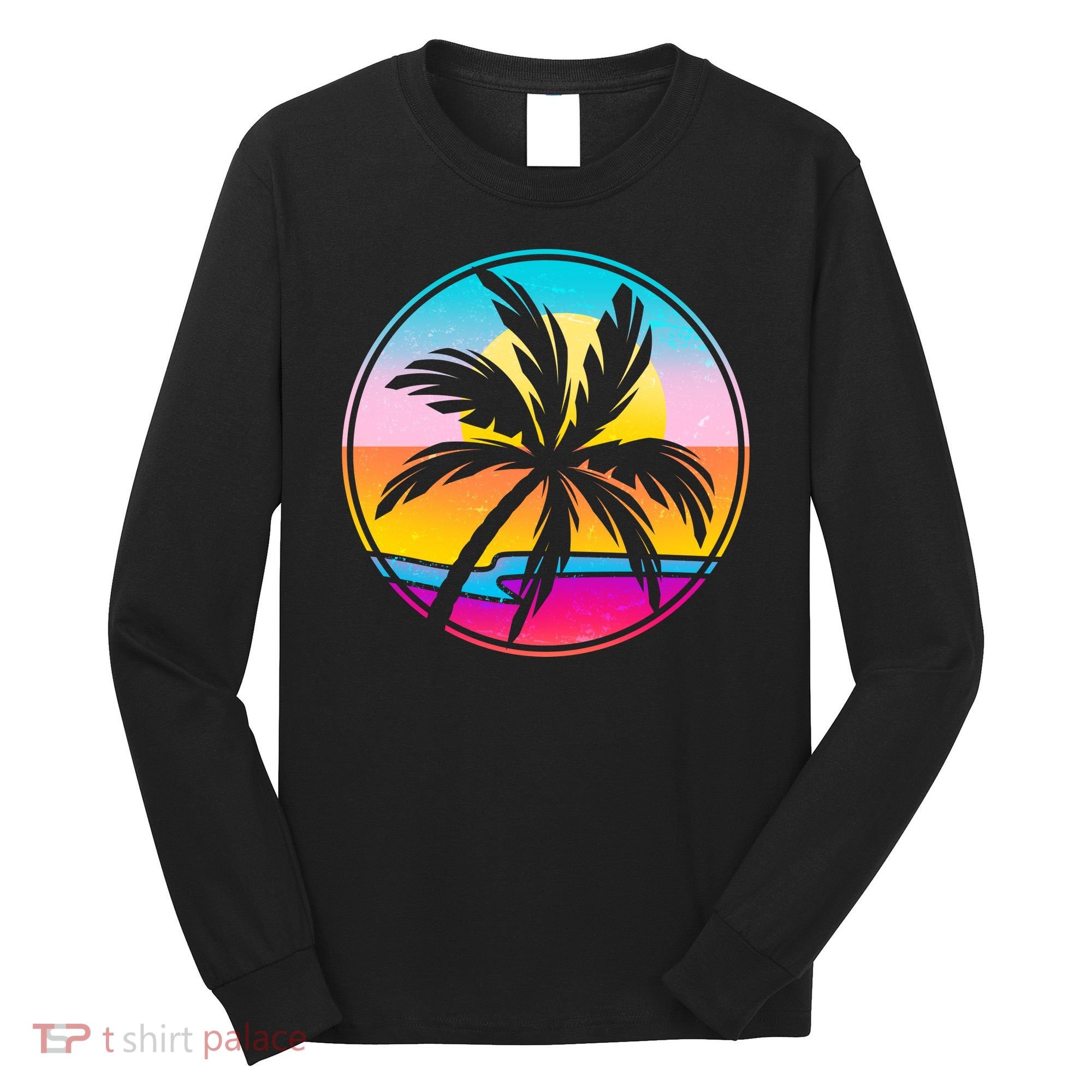 Retro Ocean Sun Palm Tree Emblem Long Sleeve Shirt